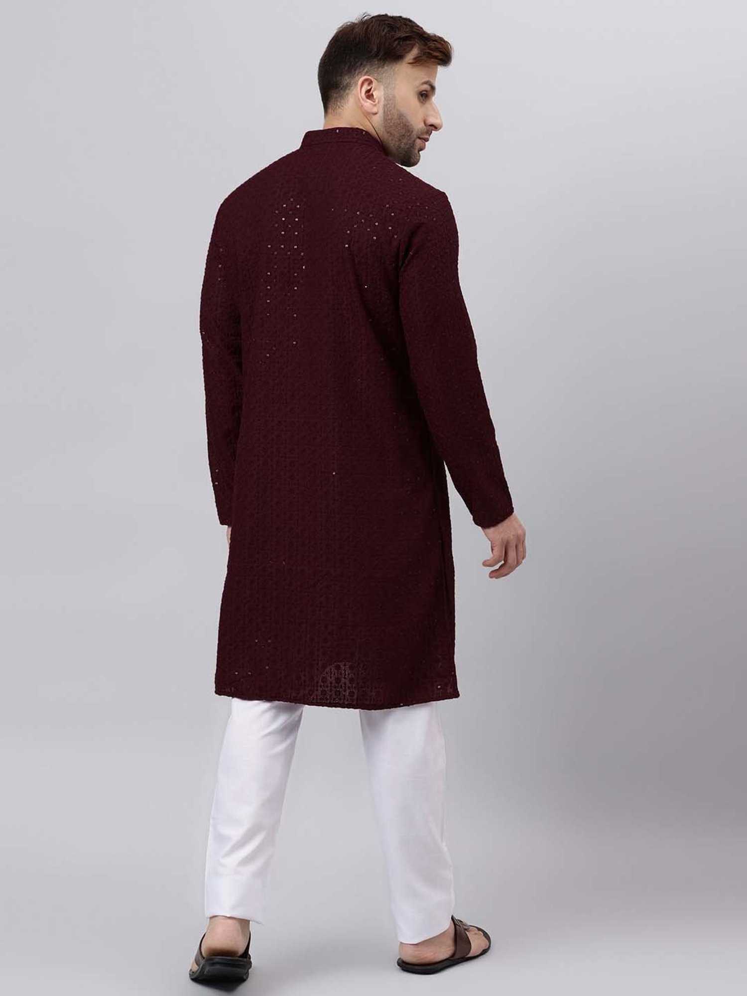 Hangup Maroon & White Regular Fit Embroidered Kurta & Pyjamas Set