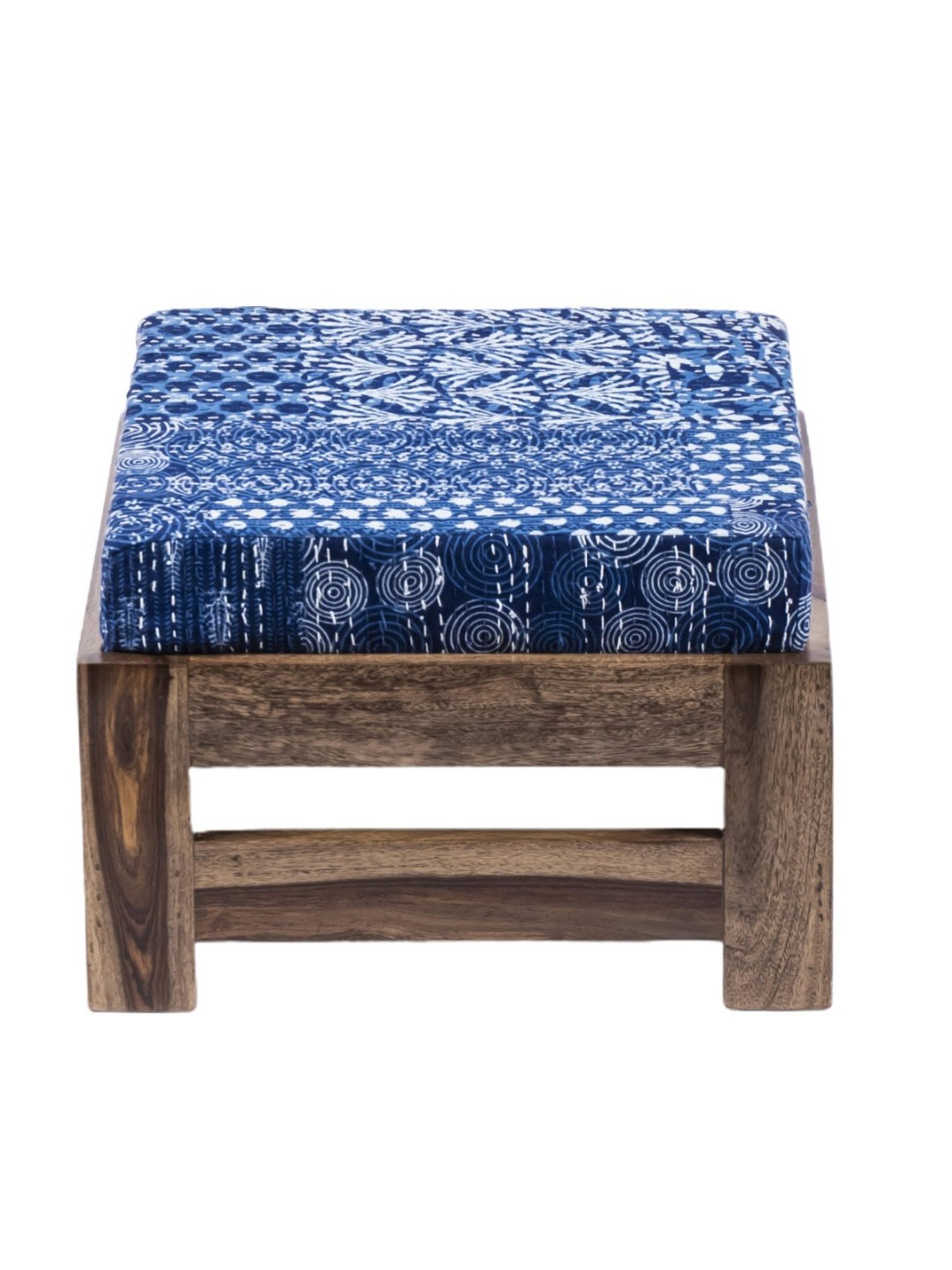 Ikiriya Amber Printed Blue & Brown Wood Foot Stool Teak Finish