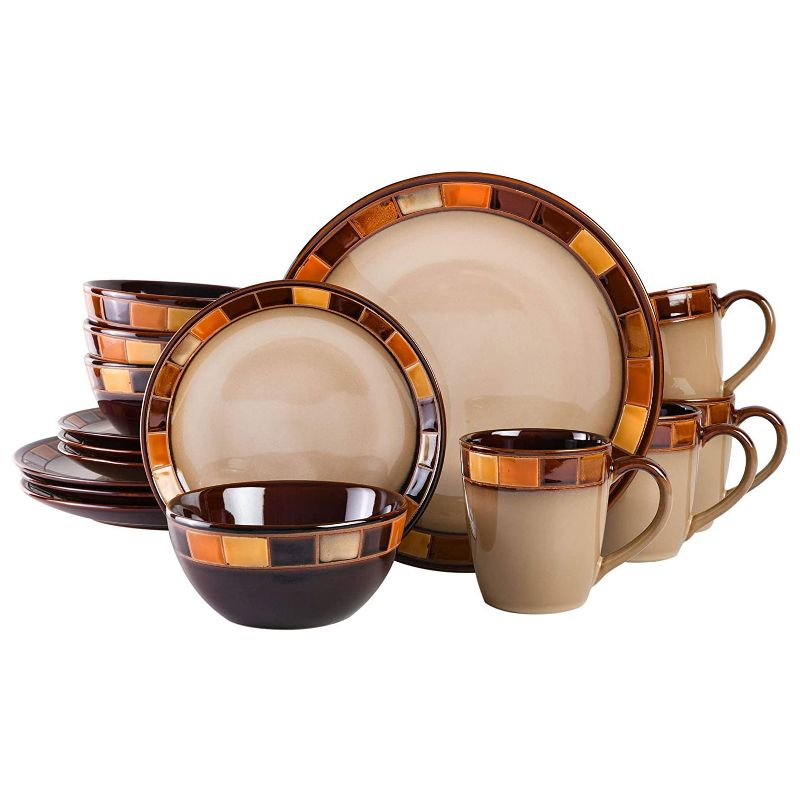Gibson Elite Casa Estebana 16 Piece Reactive Glaze Durable Microwave and Dishwasher Safe Plates, Bowls, and Mugs Dinnerware Set, Brown and Beige