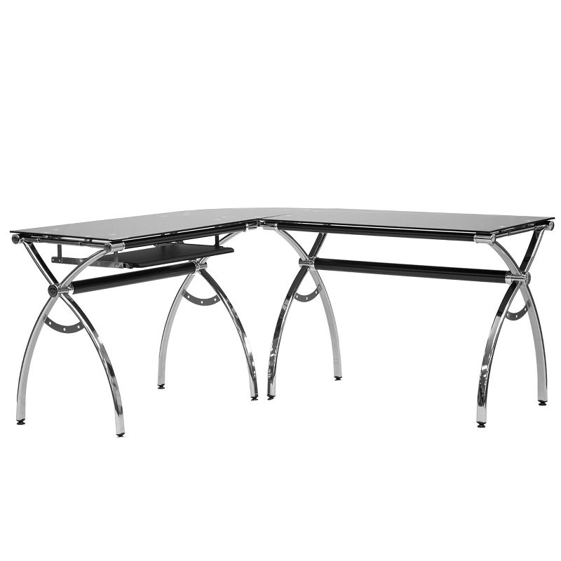 L Shaped Colored Tempered Glass Top Desk with Pull Out Keyboard Tray Black - Techni Mobili