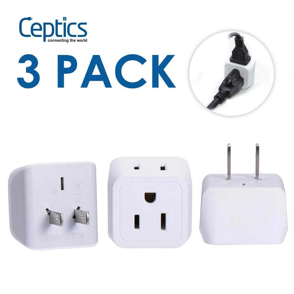 Ceptics Japan, Philippines Travel Adapter Plug - USA 3 Pin Polarized to 2 Prong Unpolarized - Type A (3 Pack) - Dual Inputs - Ultra Compact - Perfect for Cell Phones, Tablet, Camera Chargers (CT-6)