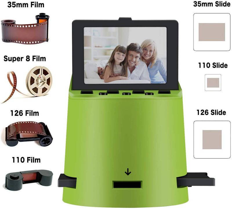Unique Digital Film Scanner with 22MP, Converts 35mm, 126, 110, Super 8 Films, Slides, Negatives to JPEG, Tilt-Up 3.5" LCD, Transfer Pictures to Phones Via WiFi Connection, MAC and PC Compatible