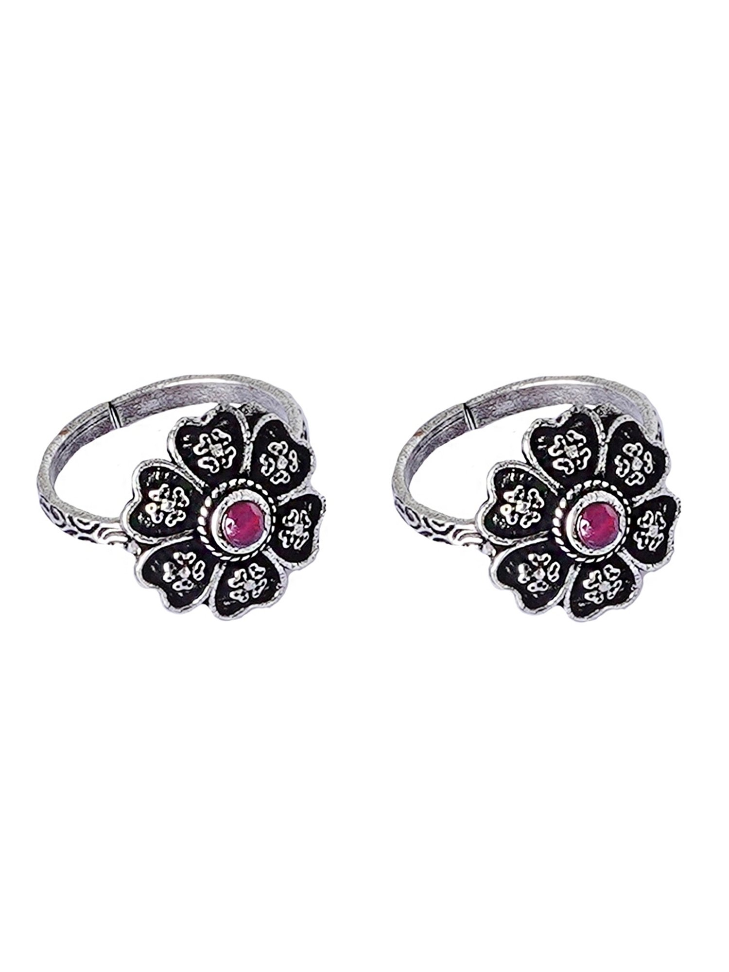 Teejh Ethnic Ruhi Pink Stone Silver Oxidized Toe Rings for Women