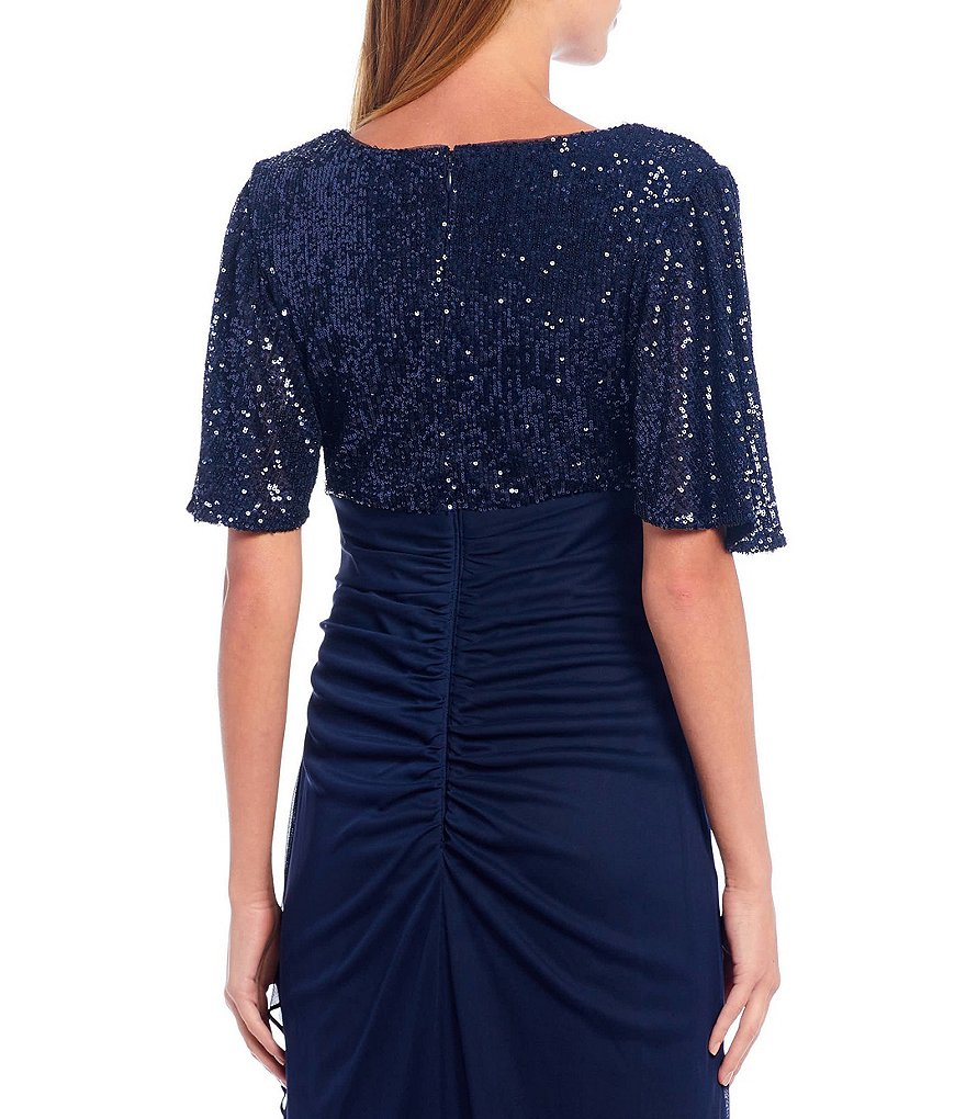 Xscape V-Neck Short Sleeve Sequin Bodice Side Ruched Gown