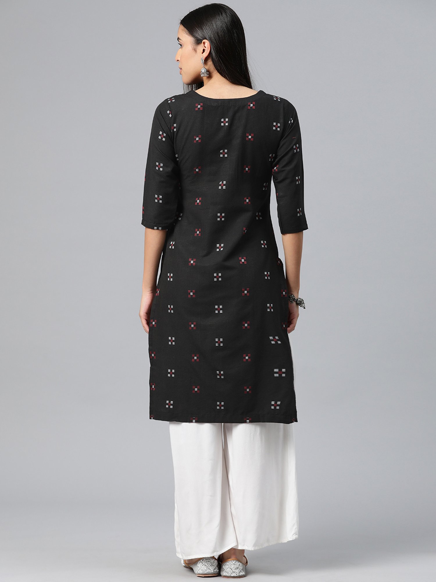 One Femme Black Cotton Self Design A Line Kurti