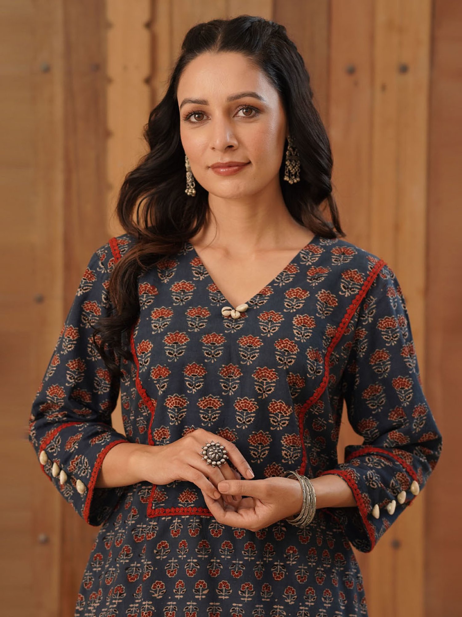 Love Chic Ajrakh Cotton Kurta with cowrie shells and crochet lace details