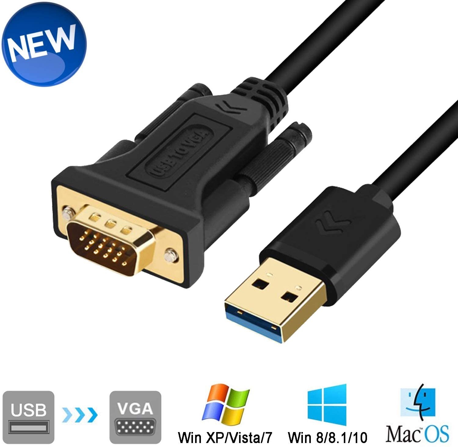 USB to VGA Adapter Cable 6.6FT Compatible with Mac OS Windows XP/Vista/10/8/7, USB 3.0 to VGA Male 1080P Monitor Display Video Adapter/Converter Cord (6.6Feet/2M)
