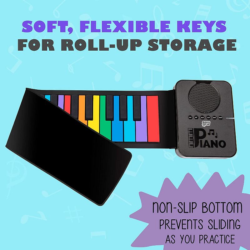 Sunny & Fun 37-Key Roll-Up Piano with Speaker | Battery Operated Portable Electronic Keyboard with 10 Instrument Sounds, 8 Demo Songs, Play-Along Mode, USB Cable & Carry Case