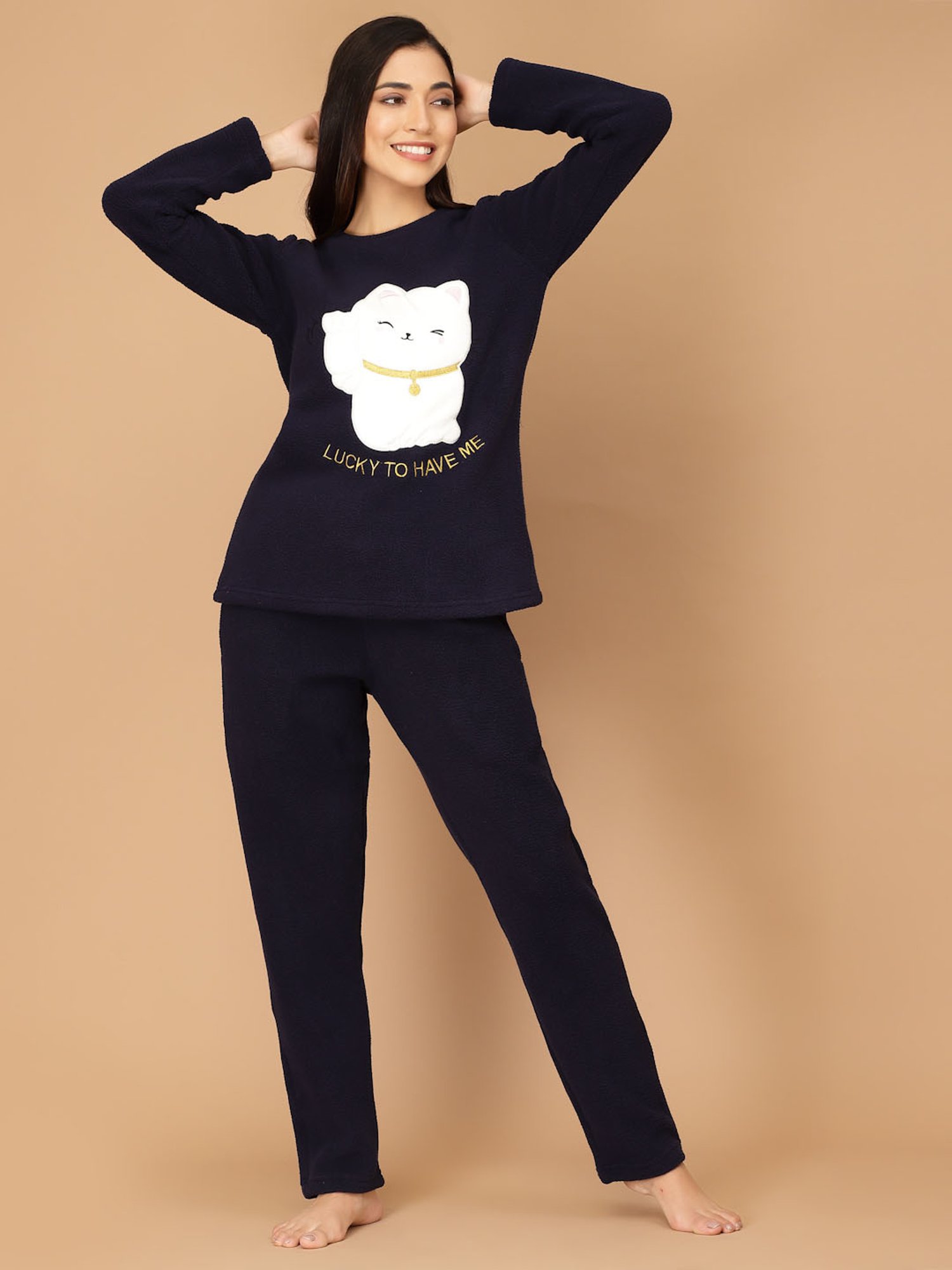 Sweet Dreams Navy Fleece Printed Winterwear Top With Pyjamas