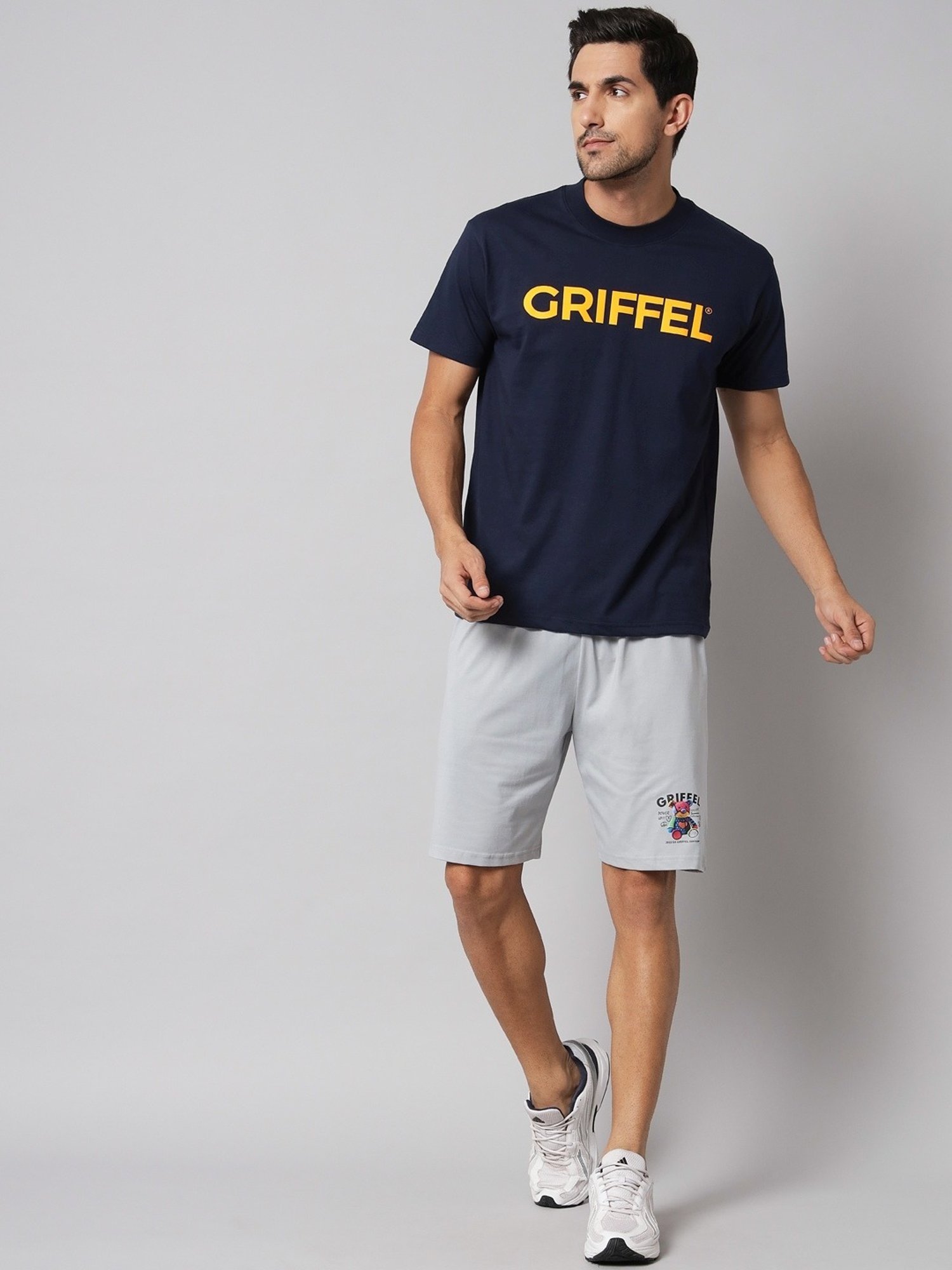Griffel Navy Blue Cotton Loose Fit Printed T-Shirt