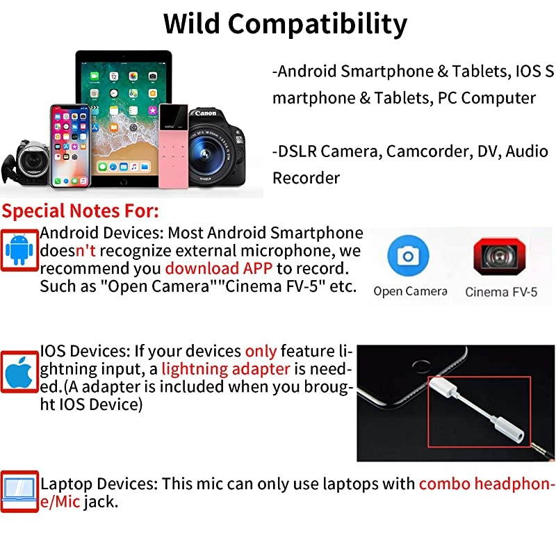 19 Feet Lavalier Microphone for Canon iPhone Podcast,  Omnidirectional Condenser Recording Mic for Nikon Sony iPhone 8 8 plus 7 6 6s Plus DSLR Camcorder Audio Recorder Youtube Interview Video