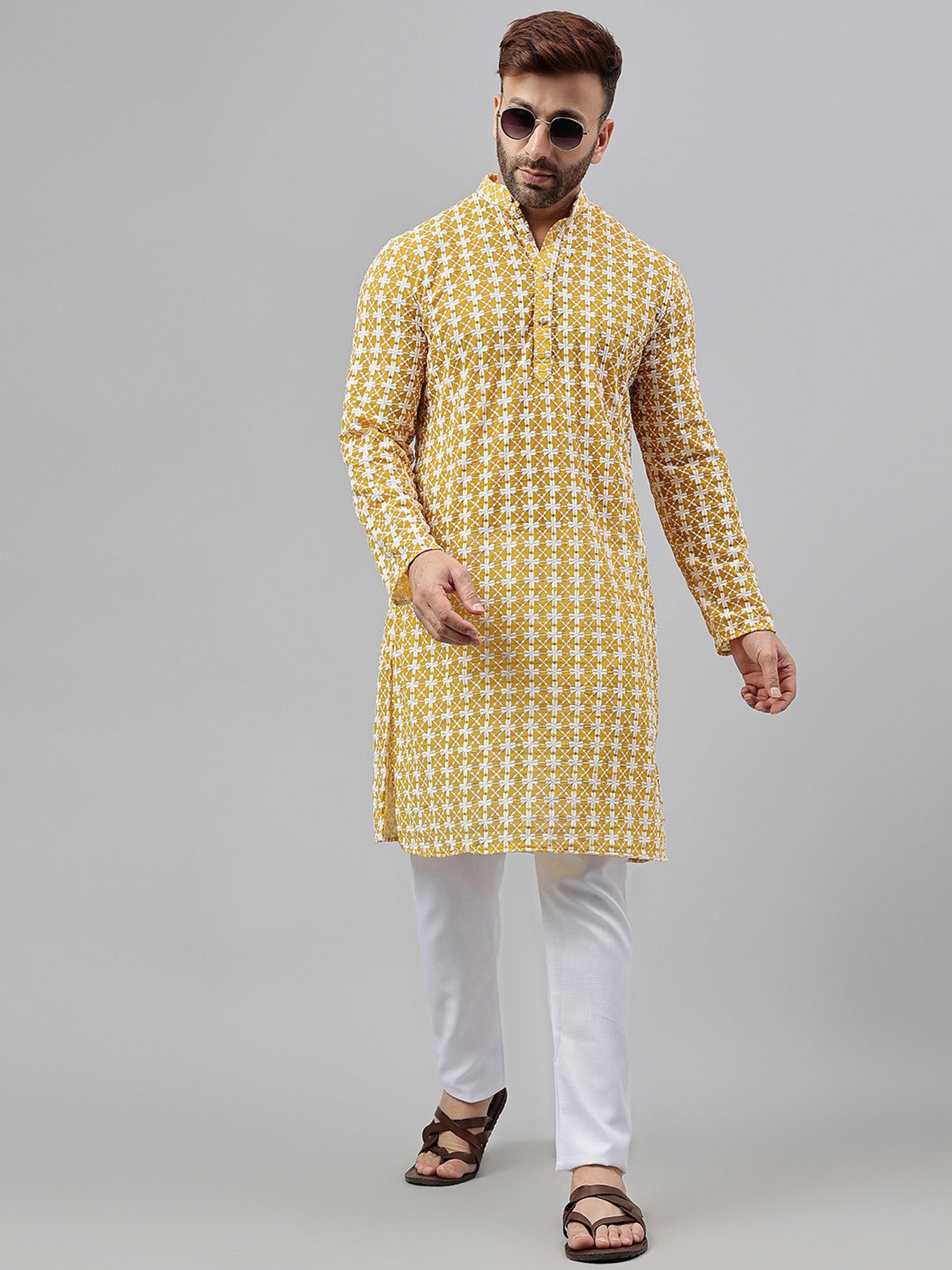 Hangup Mustard & White Regular Fit Embroidered Kurta & Pyjamas Set