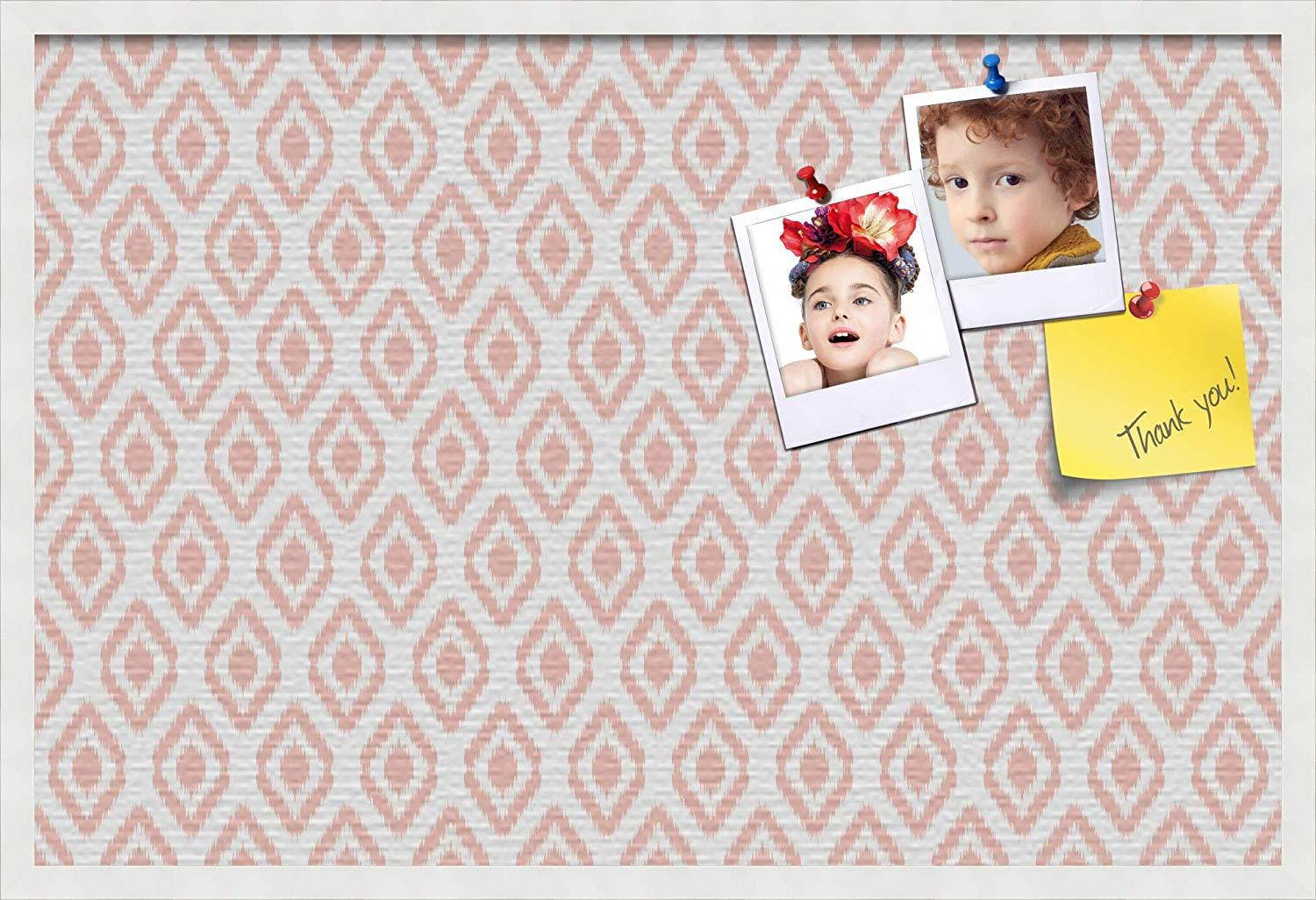 PinPix custom printed pin cork bulletin board made from canvas, Ikat Grapefruit 36x24 Inches (Completed Size) and framed in Satin White Frame (PinPix-Group-65)