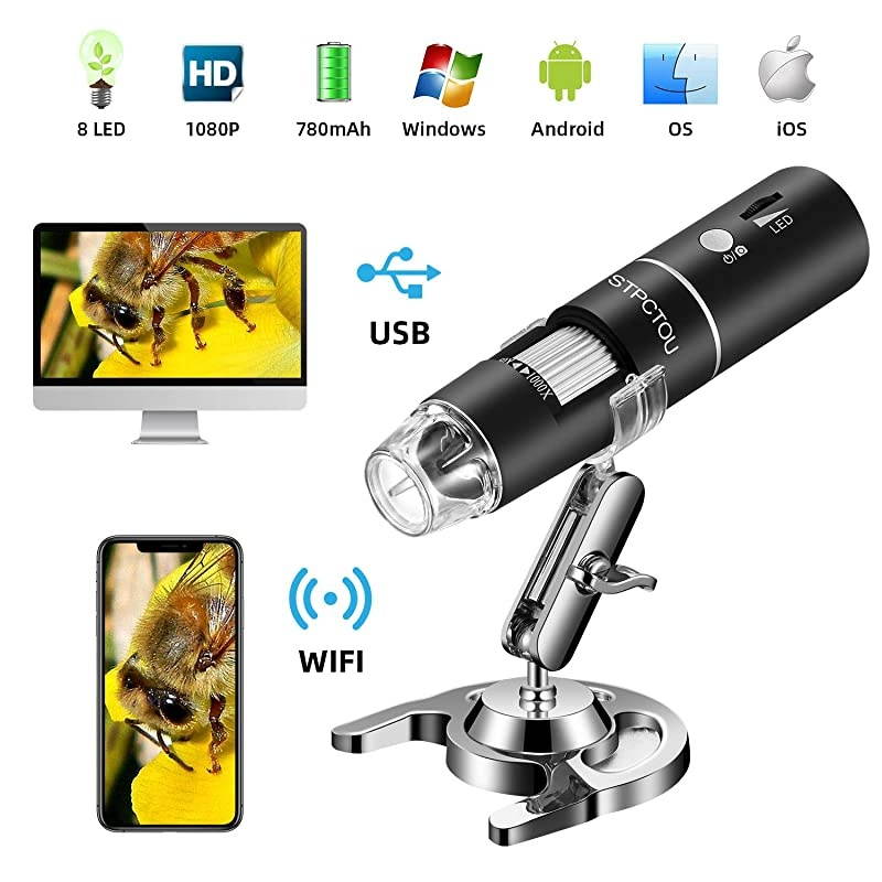 Wireless Digital Microscope 50X-1000X 1080P Handheld Portable Mini WiFi USB Microscope Camera with 8 LED Lights for iPhone/iPad/Smartphone/Tablet/PC