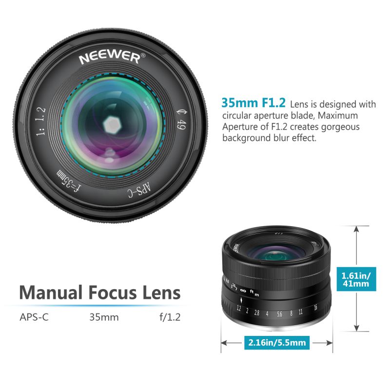 Neewer 35mm F1.2 Large Aperture Prime APS-C Aluminum manual focus  Lens for Fuji X Mount Mirrorless Cameras X-A1 X-A10 X-A2 X-A3 X-AT X-M1 X-M2 X-T1 X-T10 X-T2 X-T20 X-Pro1 X-Pro2 X-E1 X-E2 X-E2s