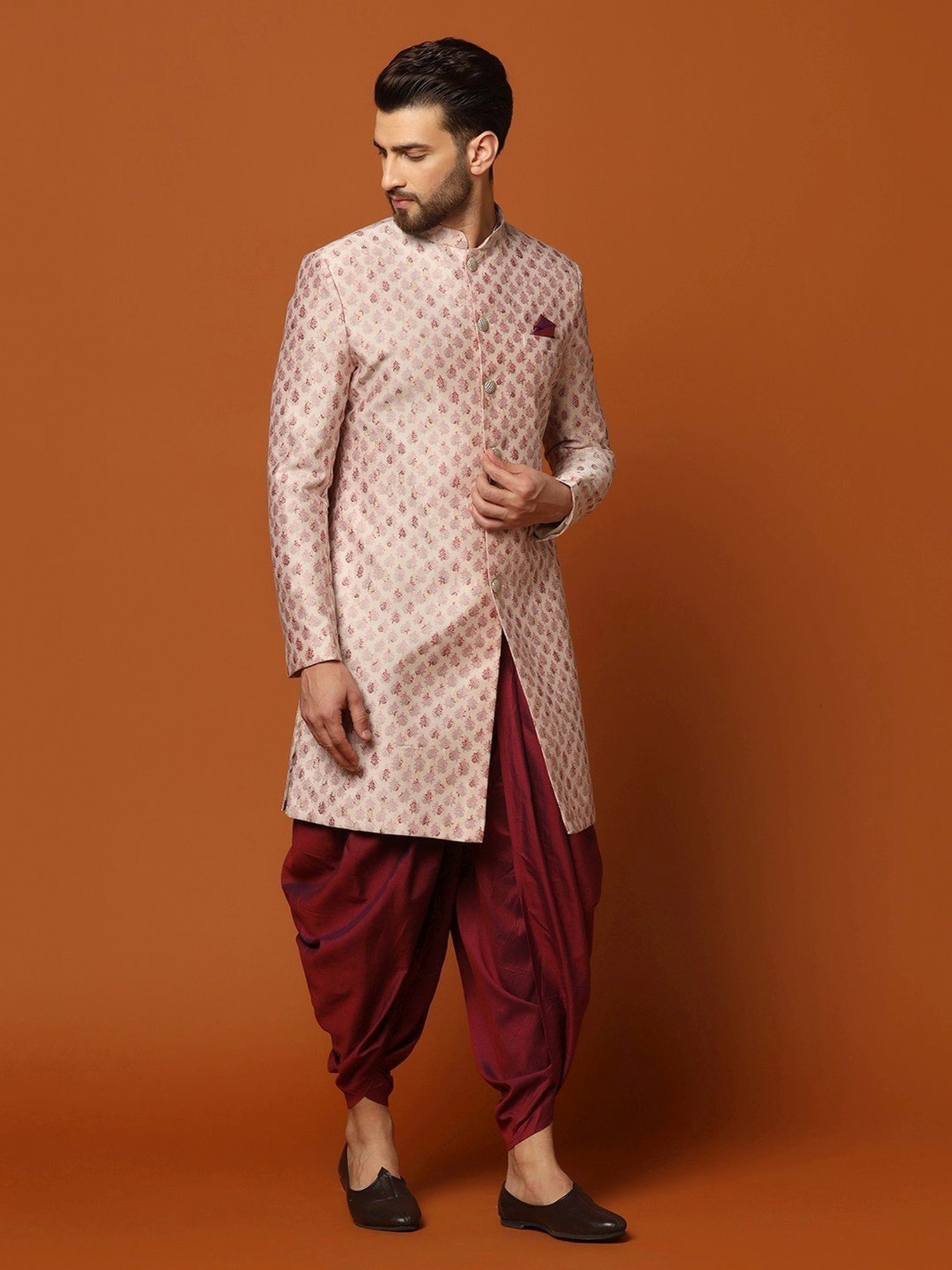 Hangup Plus Beige & Black Regular Fit Printed Sherwani Set