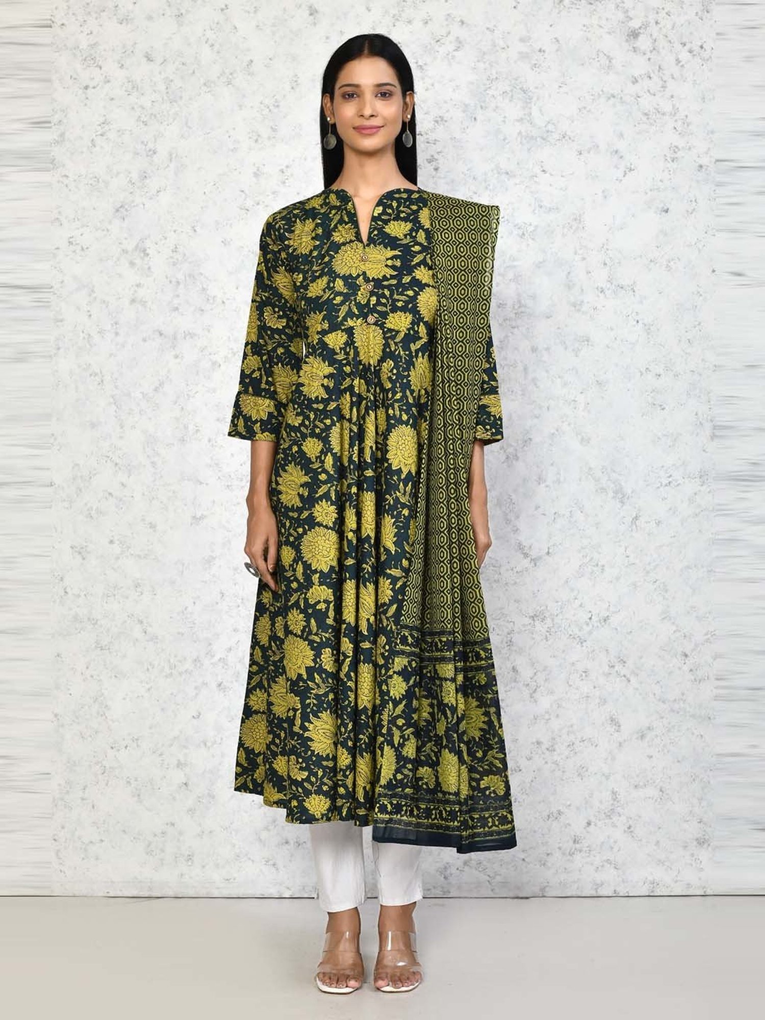 Miravan Green Cotton Printed Anarkali Kurta With Dupatta