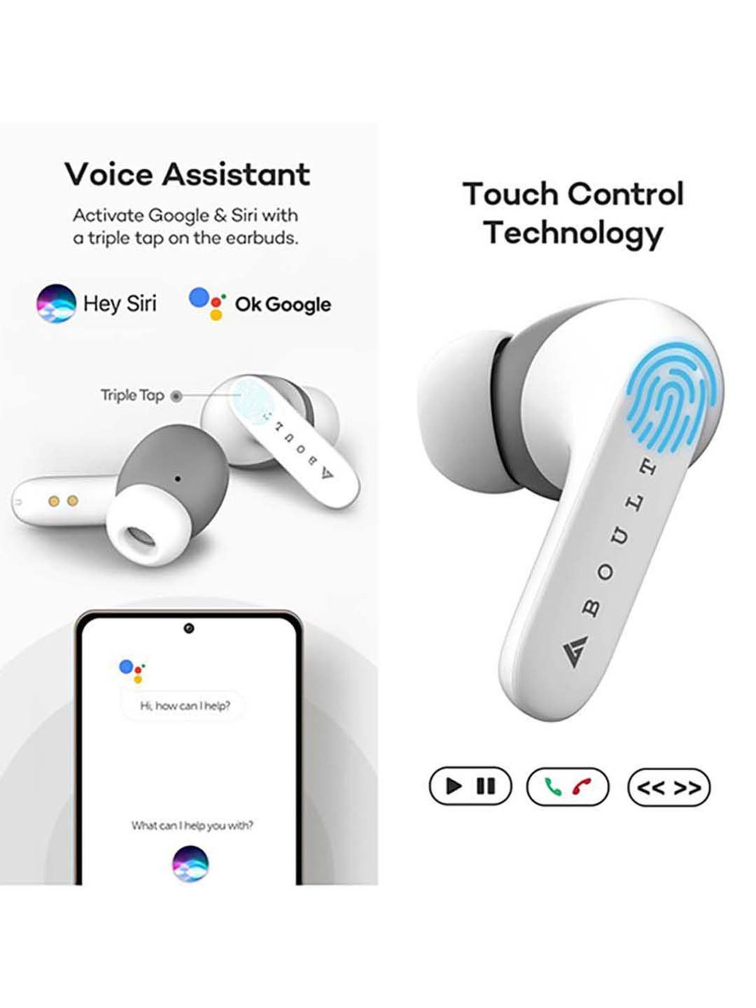 Boult Audio AirBass Y1 True Wireless Bluetooth Earbuds with Mic (White)