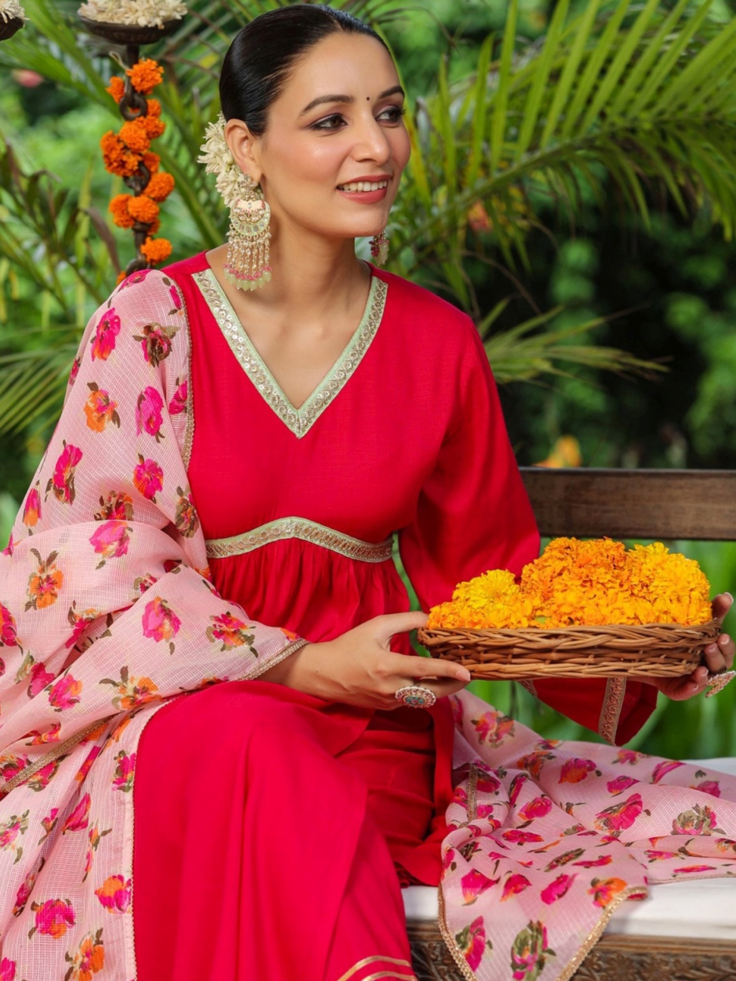 Rain and Rainbow Fuchsia Pink Embroidered Kurta Pant Set With Dupatta