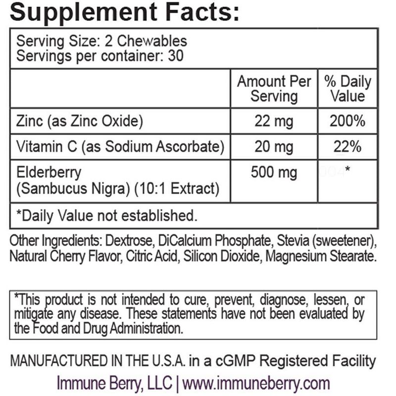 Immune Berry 500mg Elderberry, 22mg Zinc and Vitamin C Chewables - 60ct