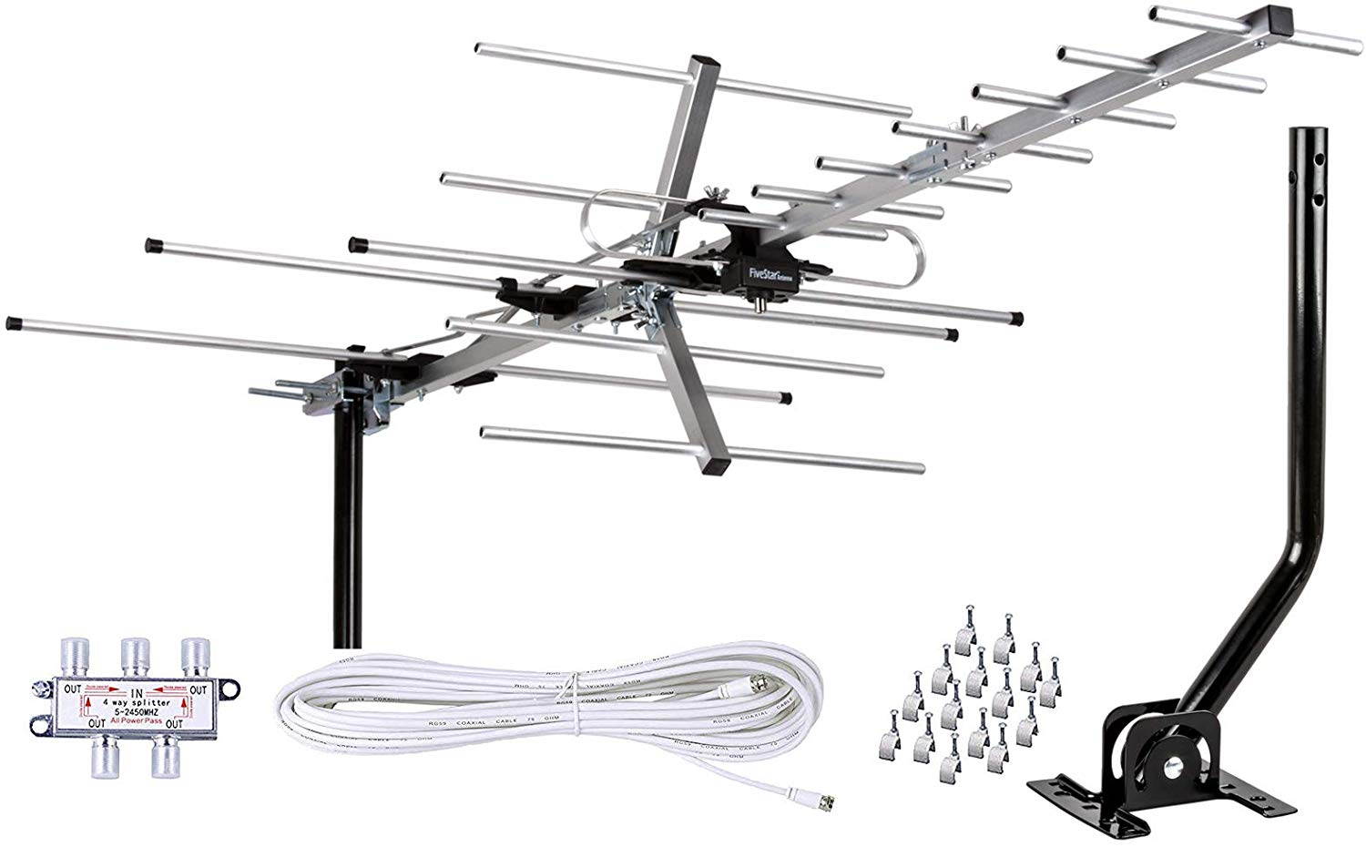 [Newest 2020] Five Star Yagi Satellite HD TV Antenna up to 200 Mile Range, Attic or Roof Mount TV Antenna, Long Range Digital OTA Antenna for 4K 1080P Supports 4 TVs Installation Kit & Mounting Pole