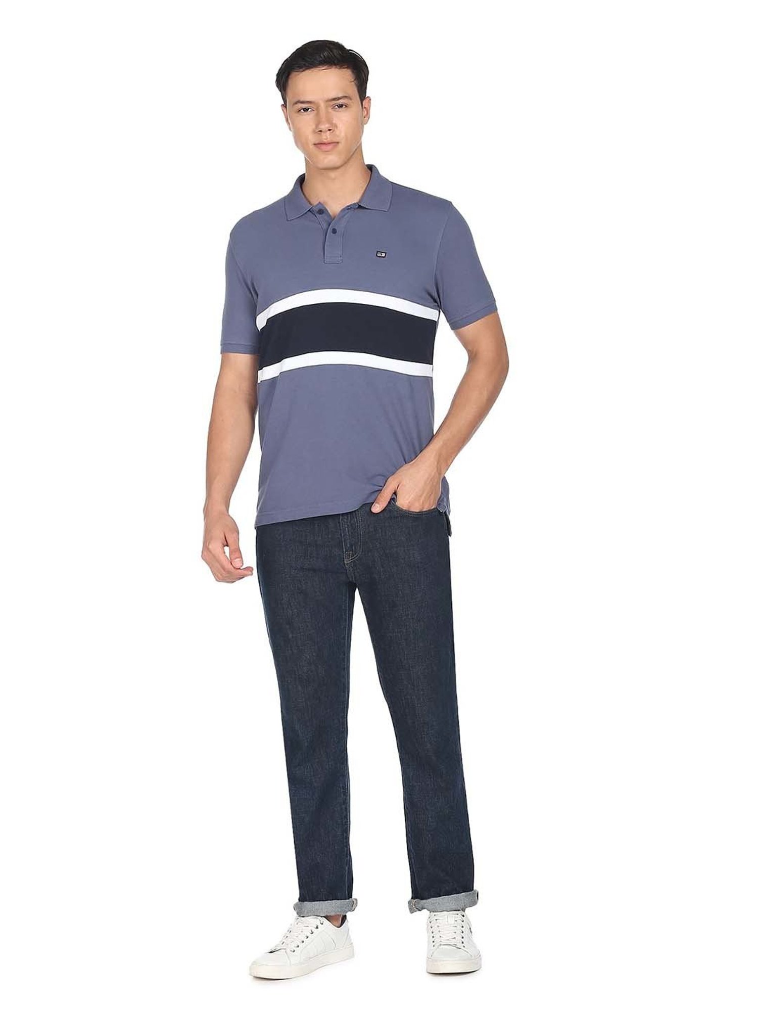 Arrow Sport Blue Regular Fit Striped Cotton Polo T-Shirt