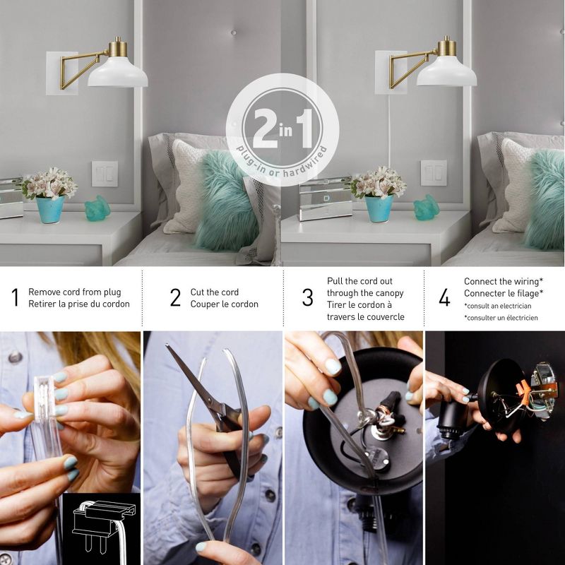 Berkeley 1-Light Plug-In/Hard Wire Swing Arm Wall Sconce White/Brass - Globe Electric