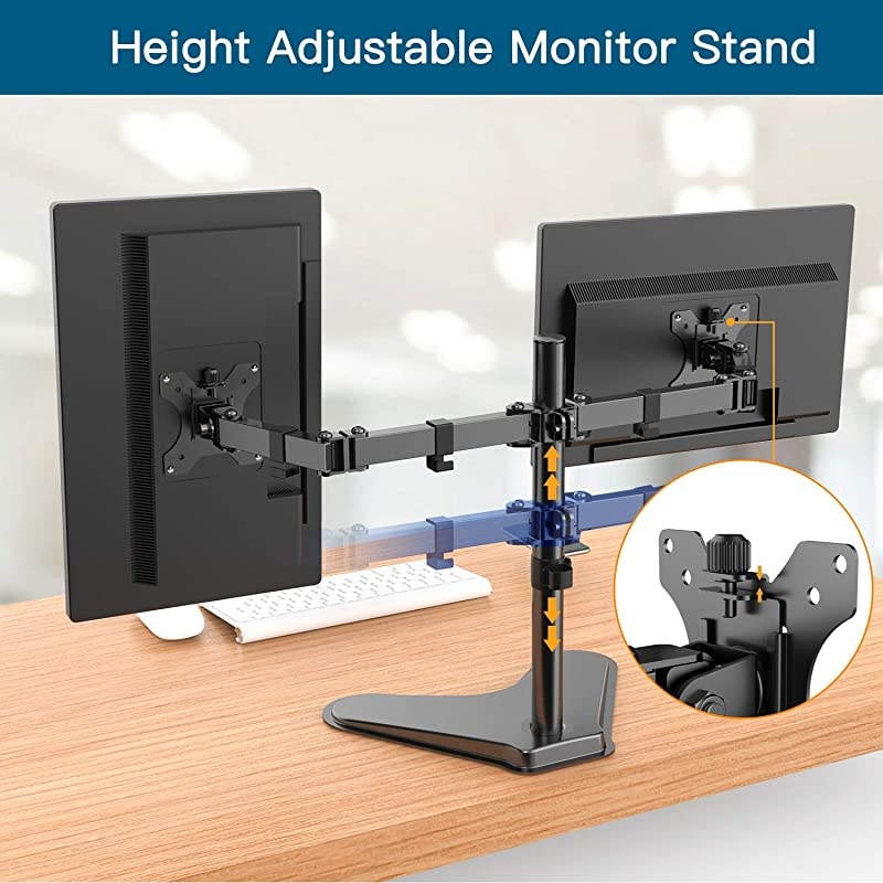 Dual Monitor Stand, Free Standing Height Adjustable Two Arm Monitor Mount for Two 13 to 32 inch Flat Curved LCD Screens with Swivel and Tilt, 17.6lbs per Arm by
