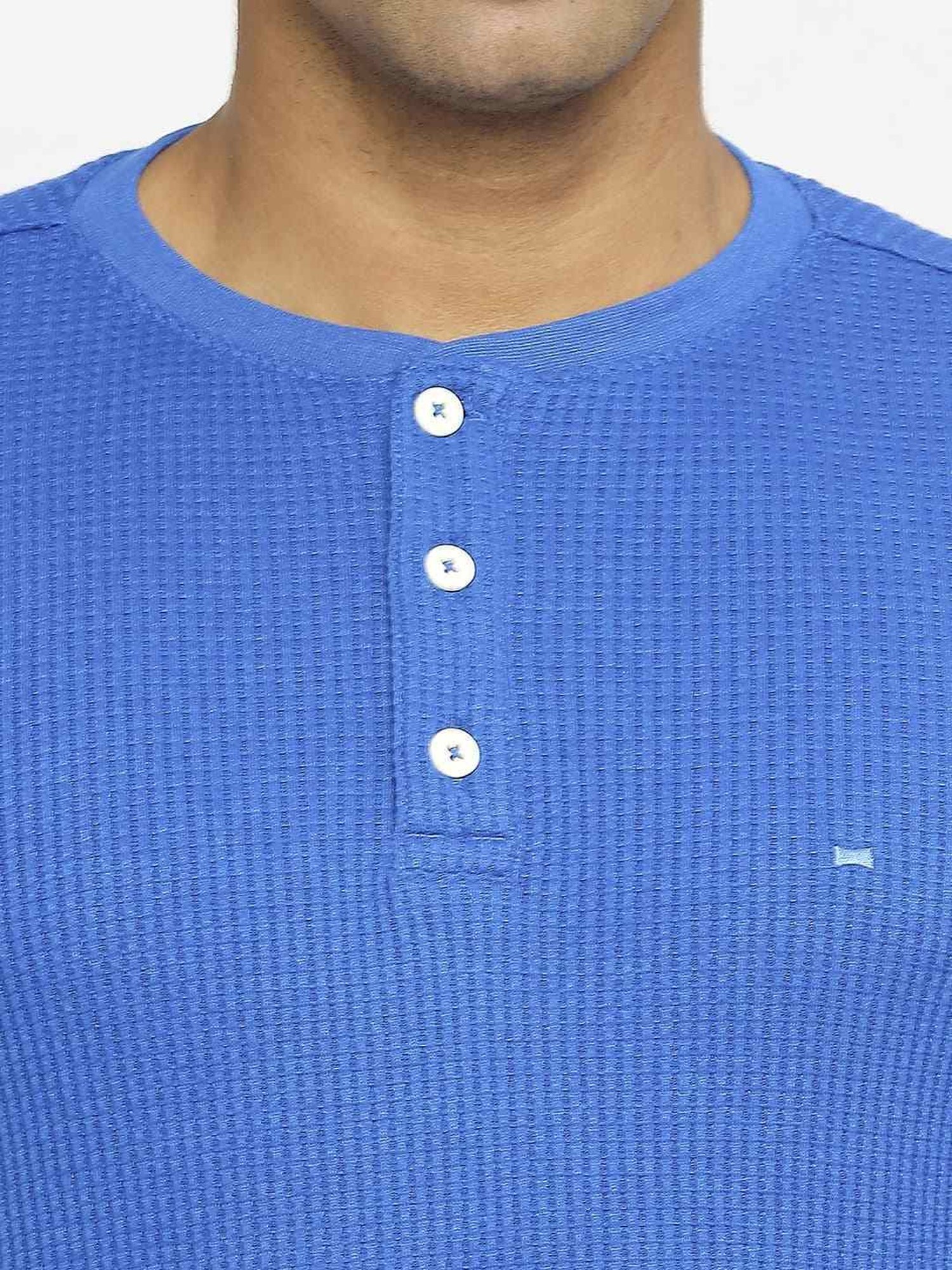 Basics Blue Cotton Muscle Fit Texture Henley T-Shirt