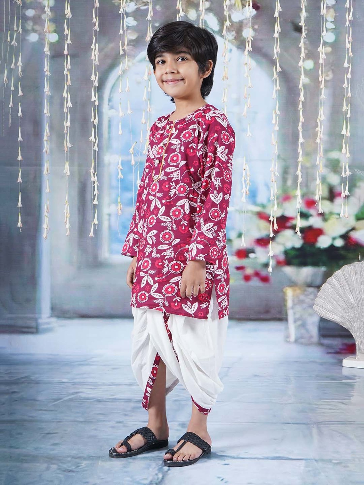Little Bansi Maroon & White Cotton Floral Print Full Sleeves Kurta Set