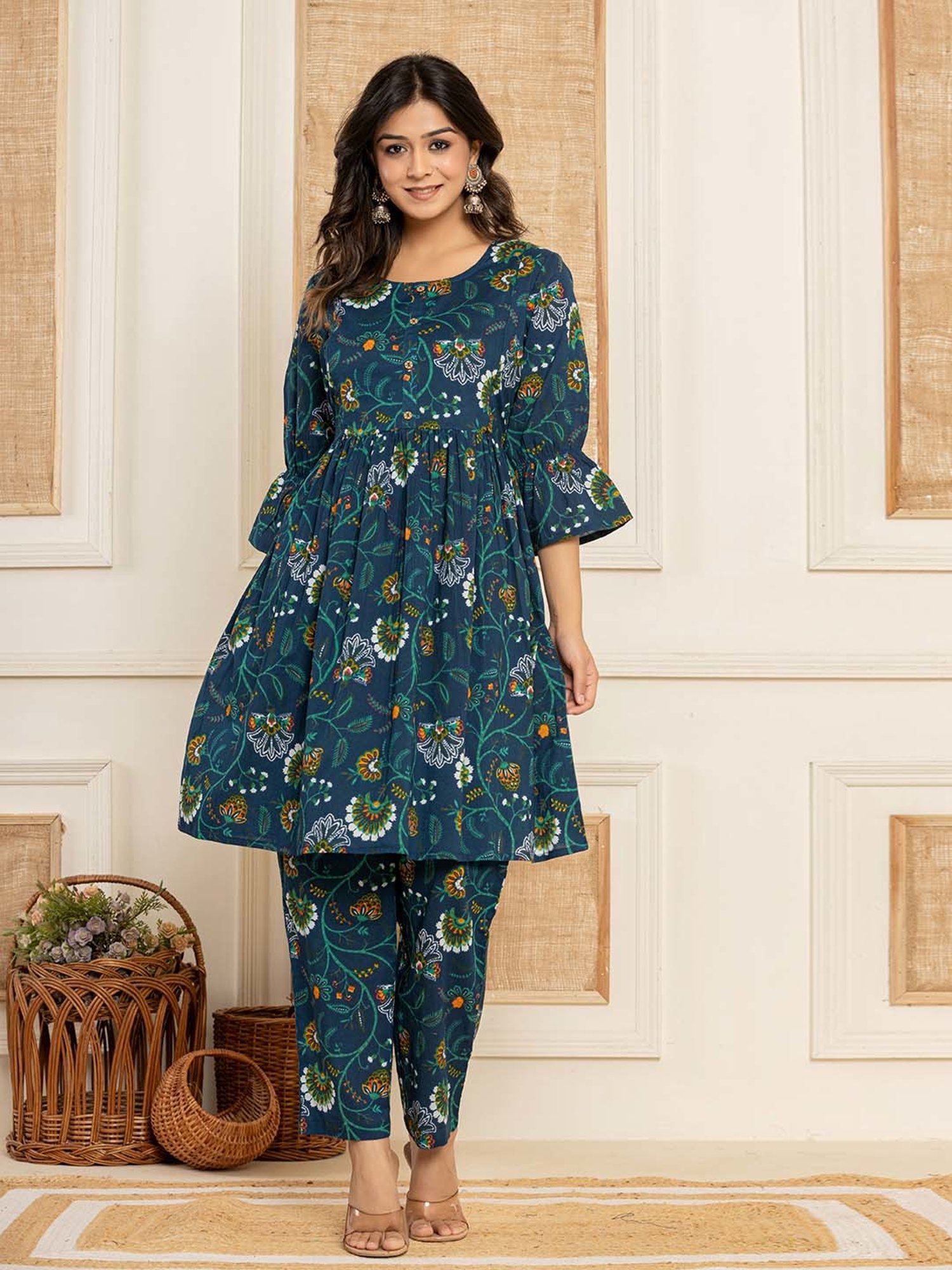 Yufta Blue Cotton Printed Kurti Pant Set