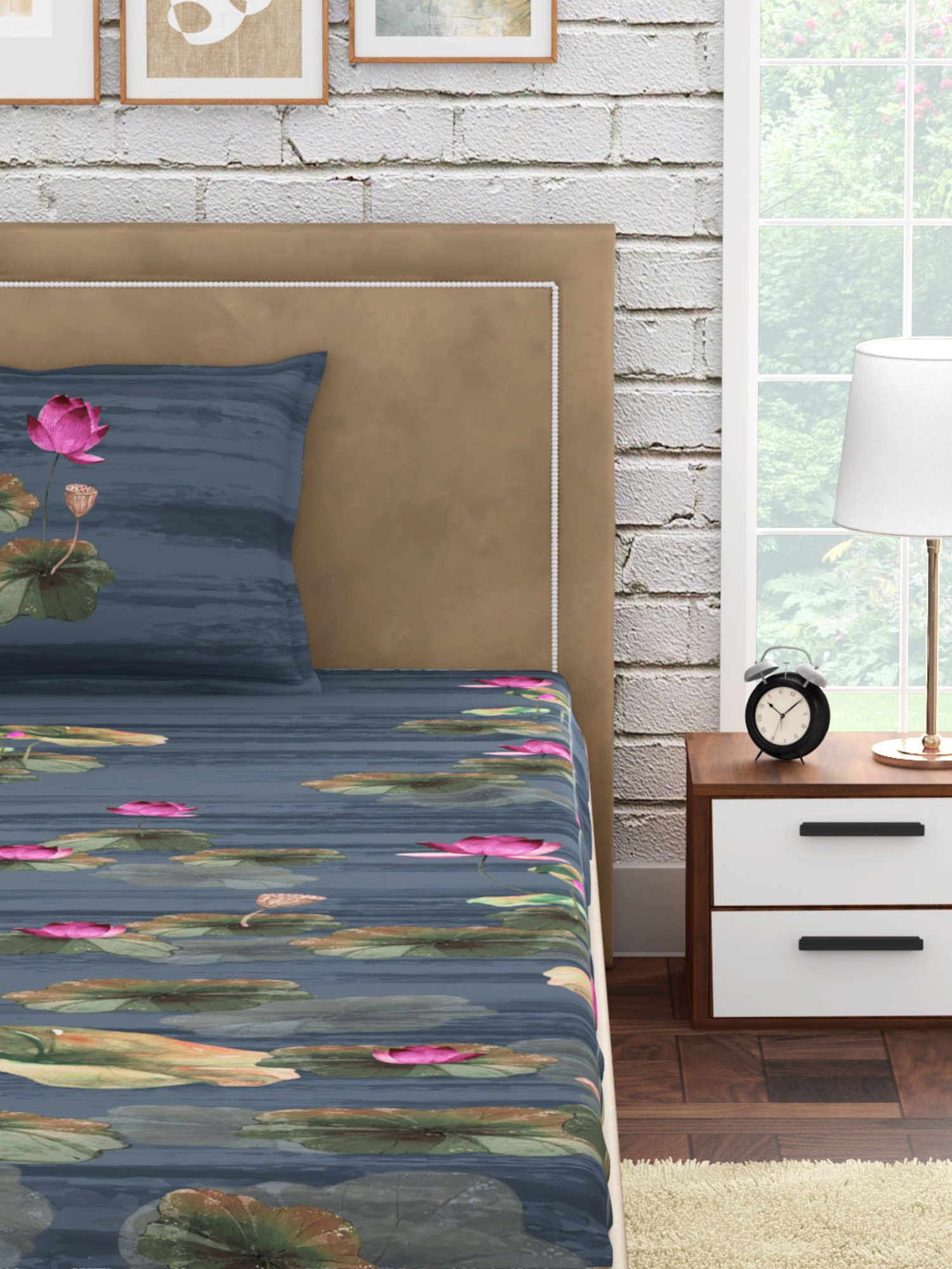 Petal Home Lotus Floral Blue 300 TC Cotton Single Bed Sheet with 1 Pillow Cover