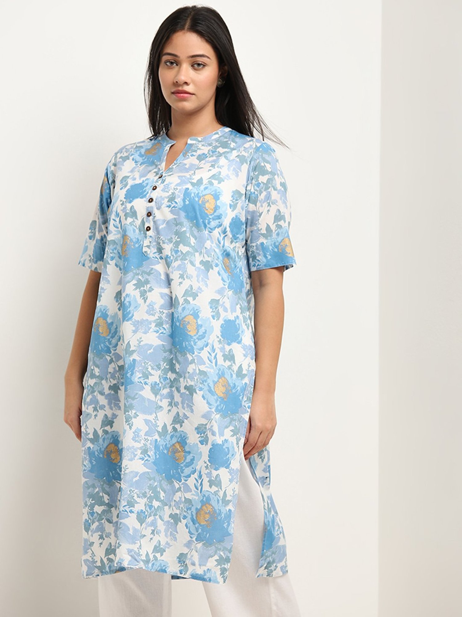 Diza by Westside Blue Floral Printed Straight Cotton Kurta