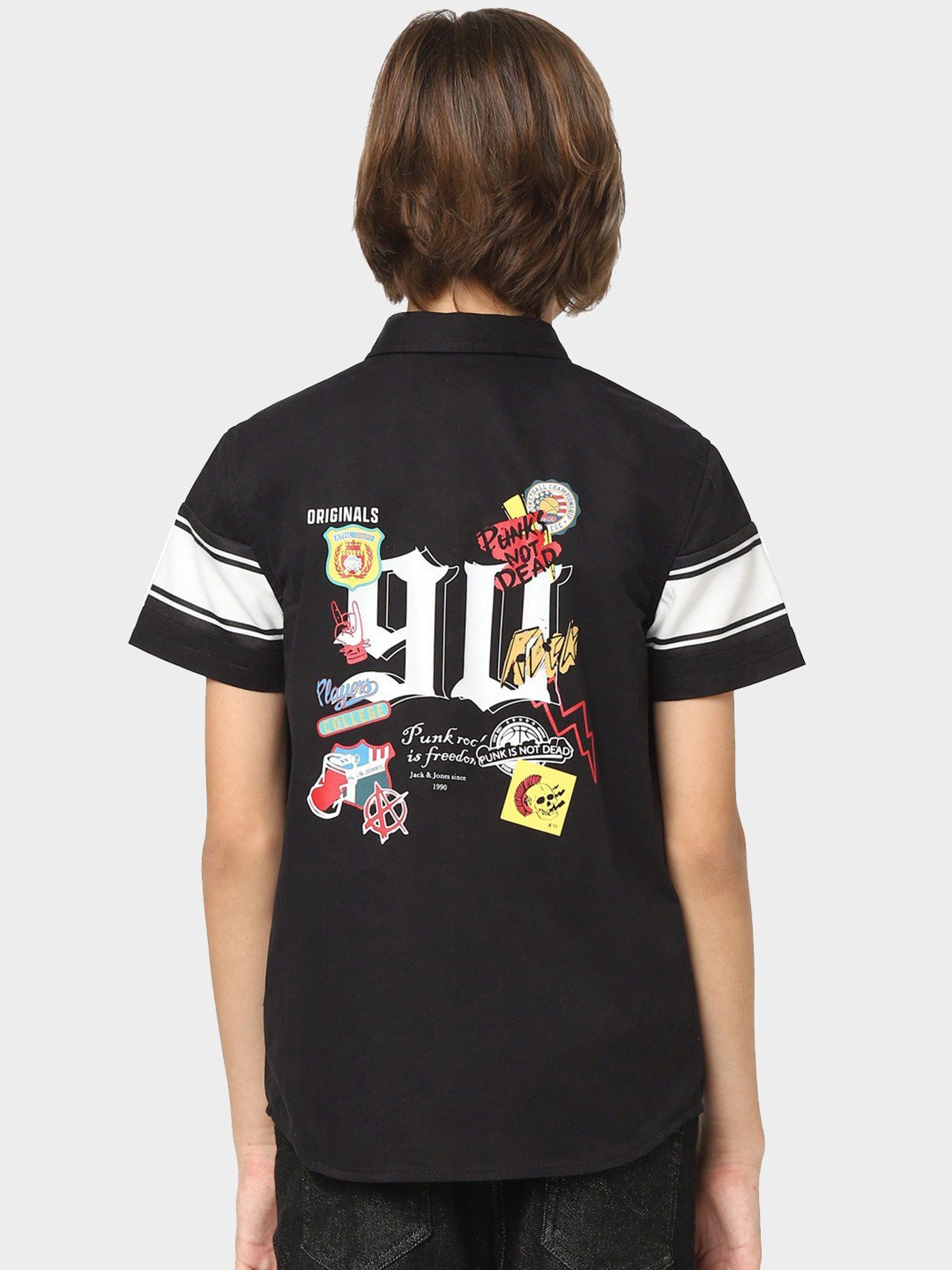 Jack & Jones Junior Black & White Cotton Printed Shirt