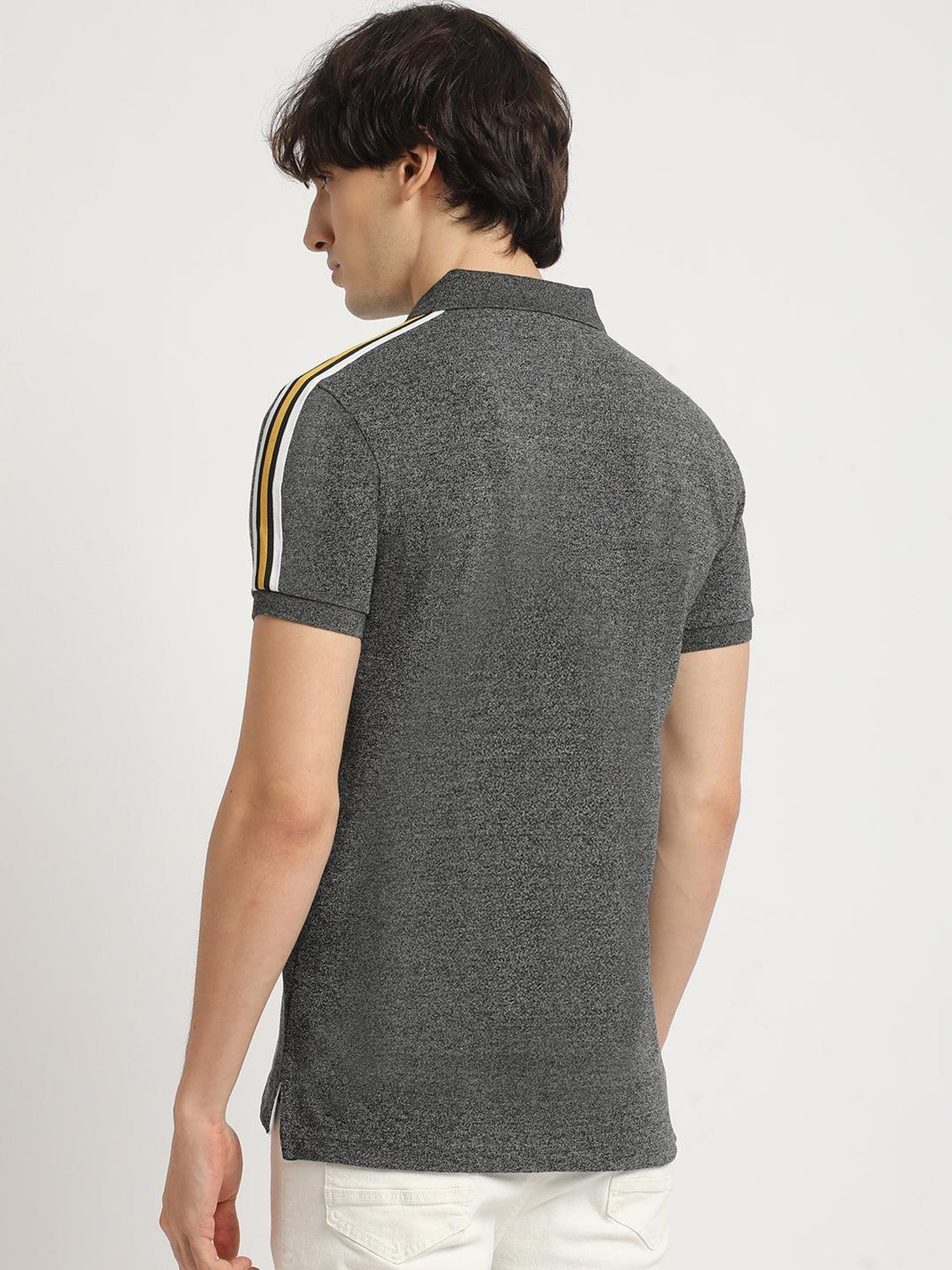The Bear House Grey Slim Fit Self Pattern Polo T-Shirt