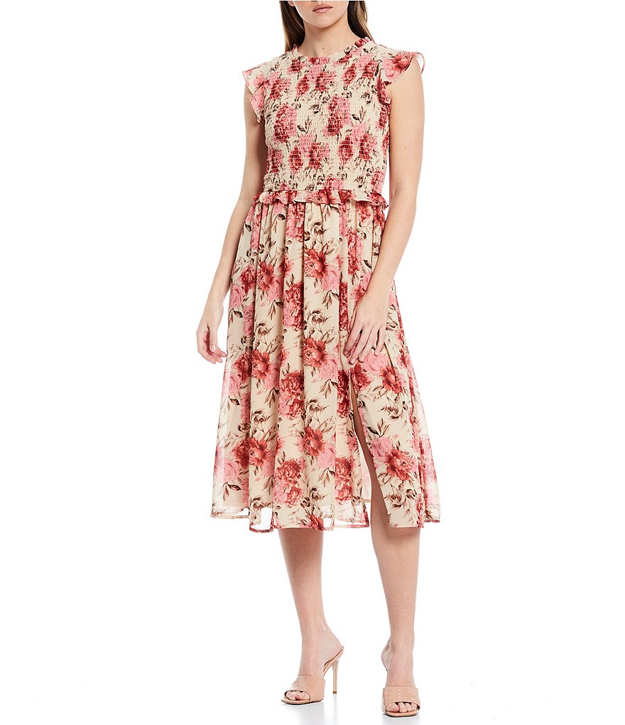 Sugarlips Floral Print Sleeveless Smocked Front Slit Midi Dress