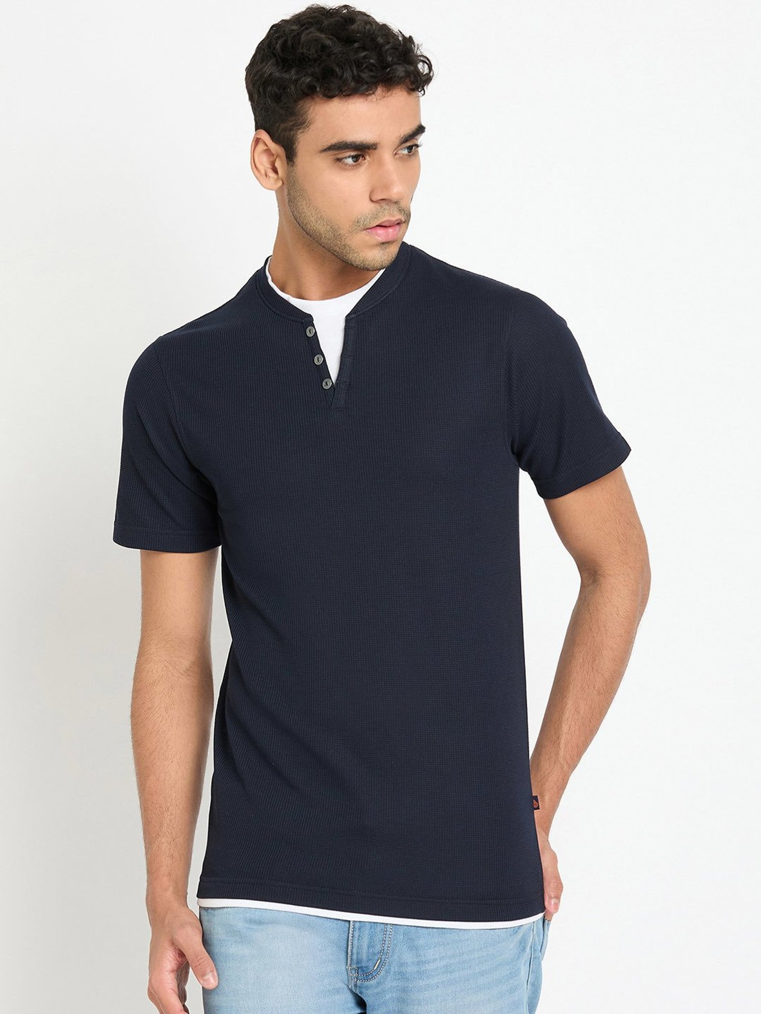 Club York Navy Regular Fit Textured Henley T-Shirt
