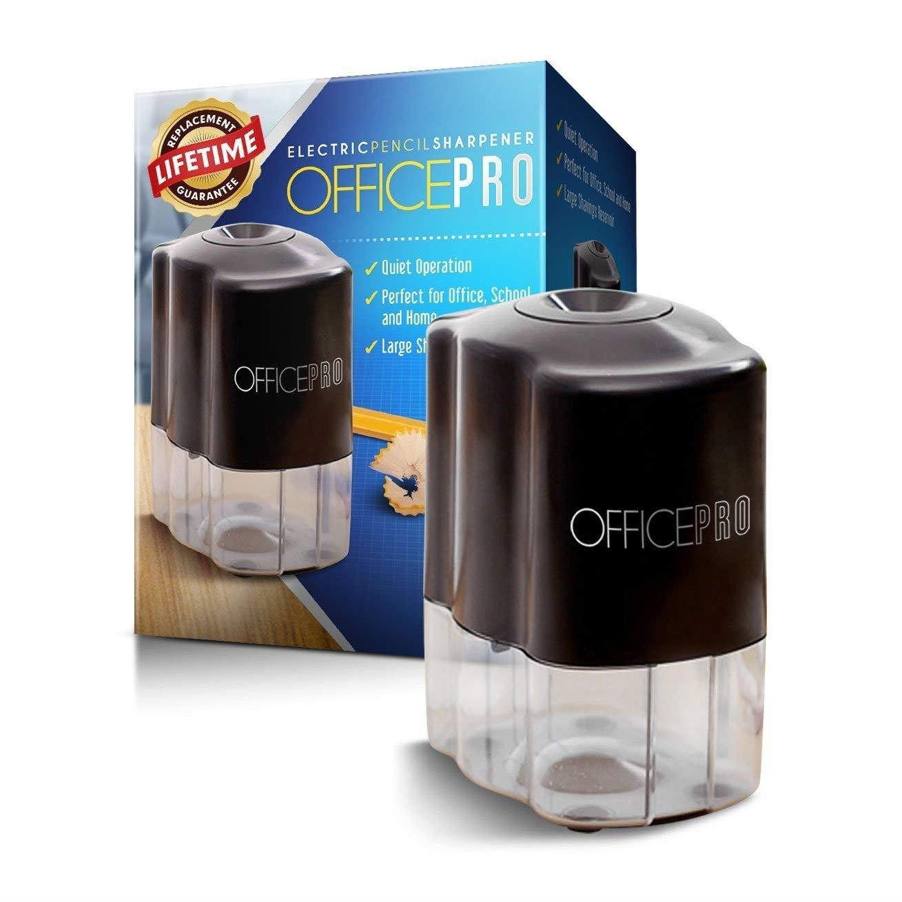 OfficePro Electric Pencil Sharpener - For School and Classroom, Helical Steel Blade Sharpens All Pencils Including Color, Auto-Stop Feature, Ultra-Portable - Batteries Included (Pencil Sharpener)