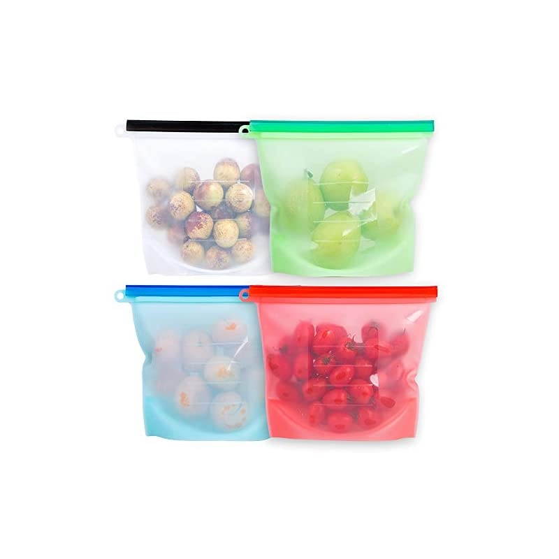 Silicone Food Ziplock Storage Bags, Silicone Sandwich Bag for Freezer, Sous Vide Bags Set of 4, Leak Proof Airtight Seal Keep Fresh for Hot Cooking, Liquids, Lunch, Snack, Baby Food (9.2&times;7in)