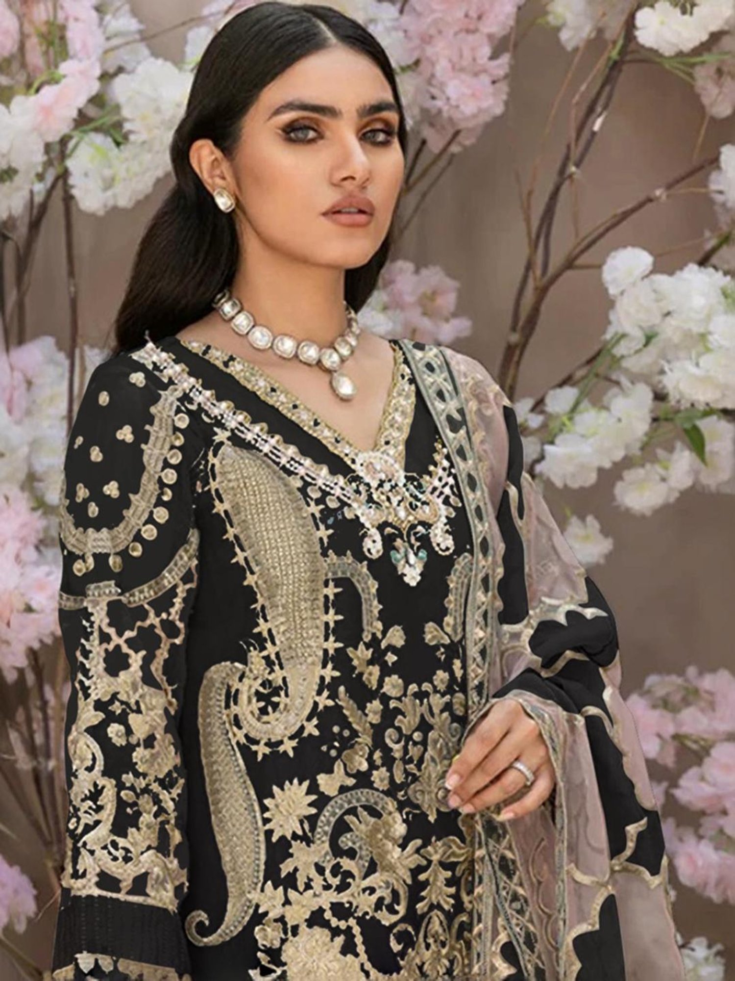 Odette Black Embroidered Unstitched Dress Material