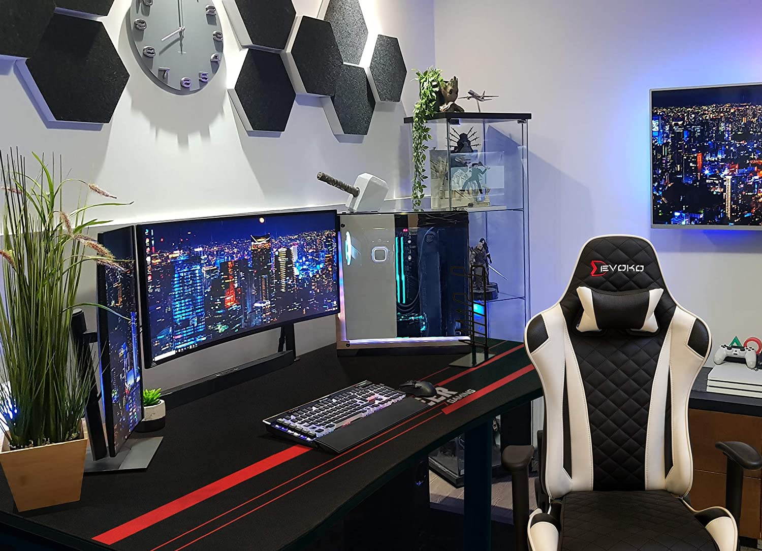 Devoko 55 Inch Gaming Desk T-Shaped PC Computer Table with Free Mouse Pad Carbon Fibre Surface Home Office Desk Gamer Table with Game Handle Rack Headphone Hook and Cup Holder (Black)