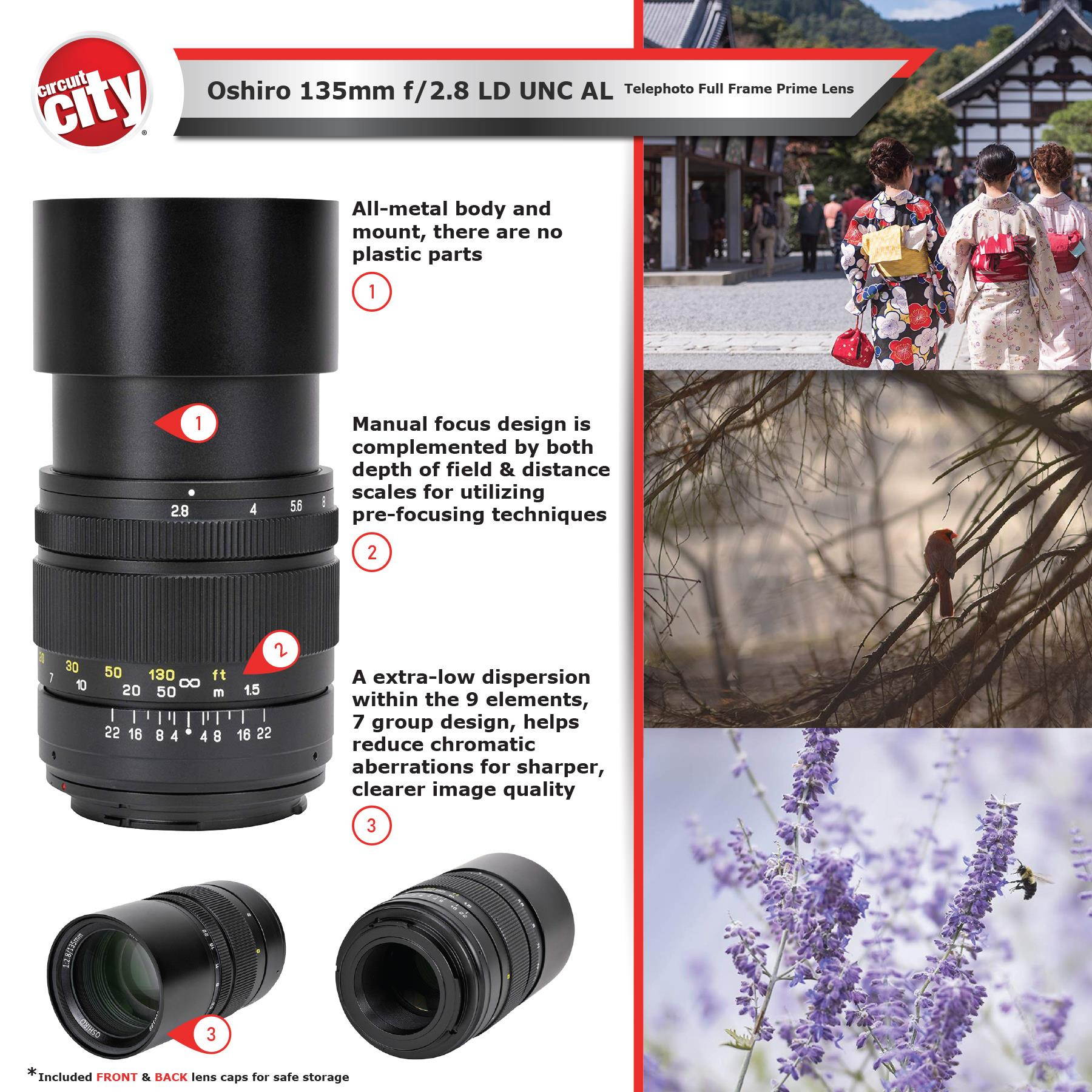 Oshiro 135mm f/2.8 LD UNC AL Telephoto Full Frame Prime Lens for Canon Digital SLR Cameras Bundle with Oshiro 35mm f/2 LD UNC AL Wide Angle Full Frame Prime Lens and Accessories (9 Items)