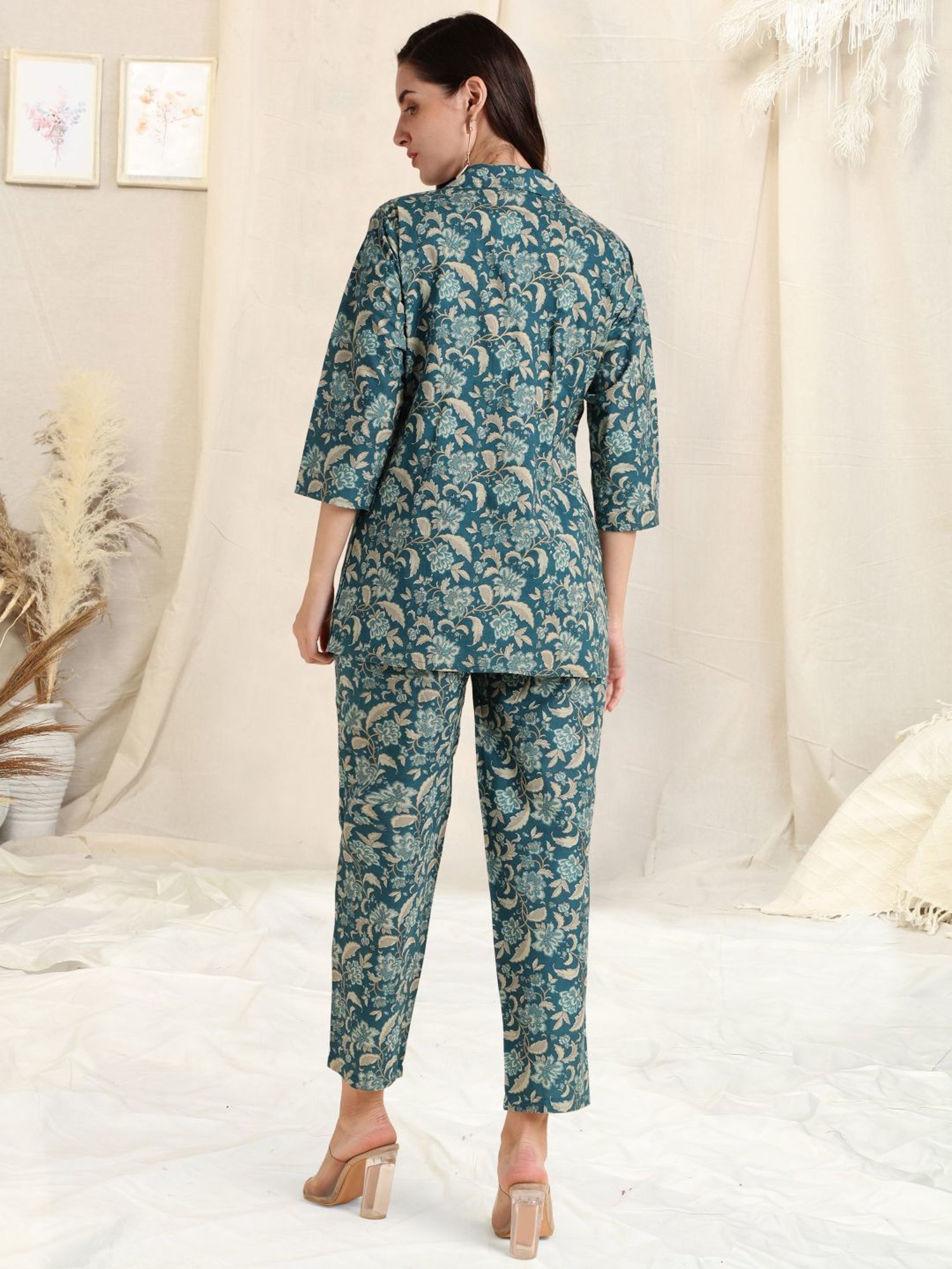 MIRCHI FASHION Teal Blue Cotton Printed Top Pant Set With Jacket