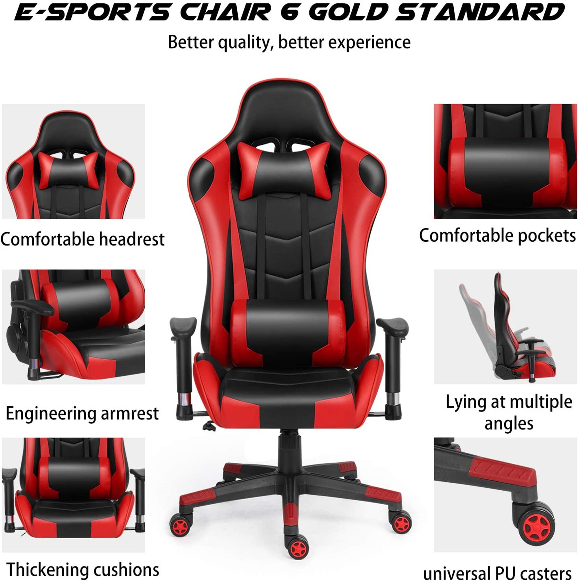 Ergonomic Gaming Chair Racing Chair E-Sports Chair Home Office Chair Computer Game Chair Backrest and Seat Height Adjustable Chair with PU Leather Lumbar Support and Headrest