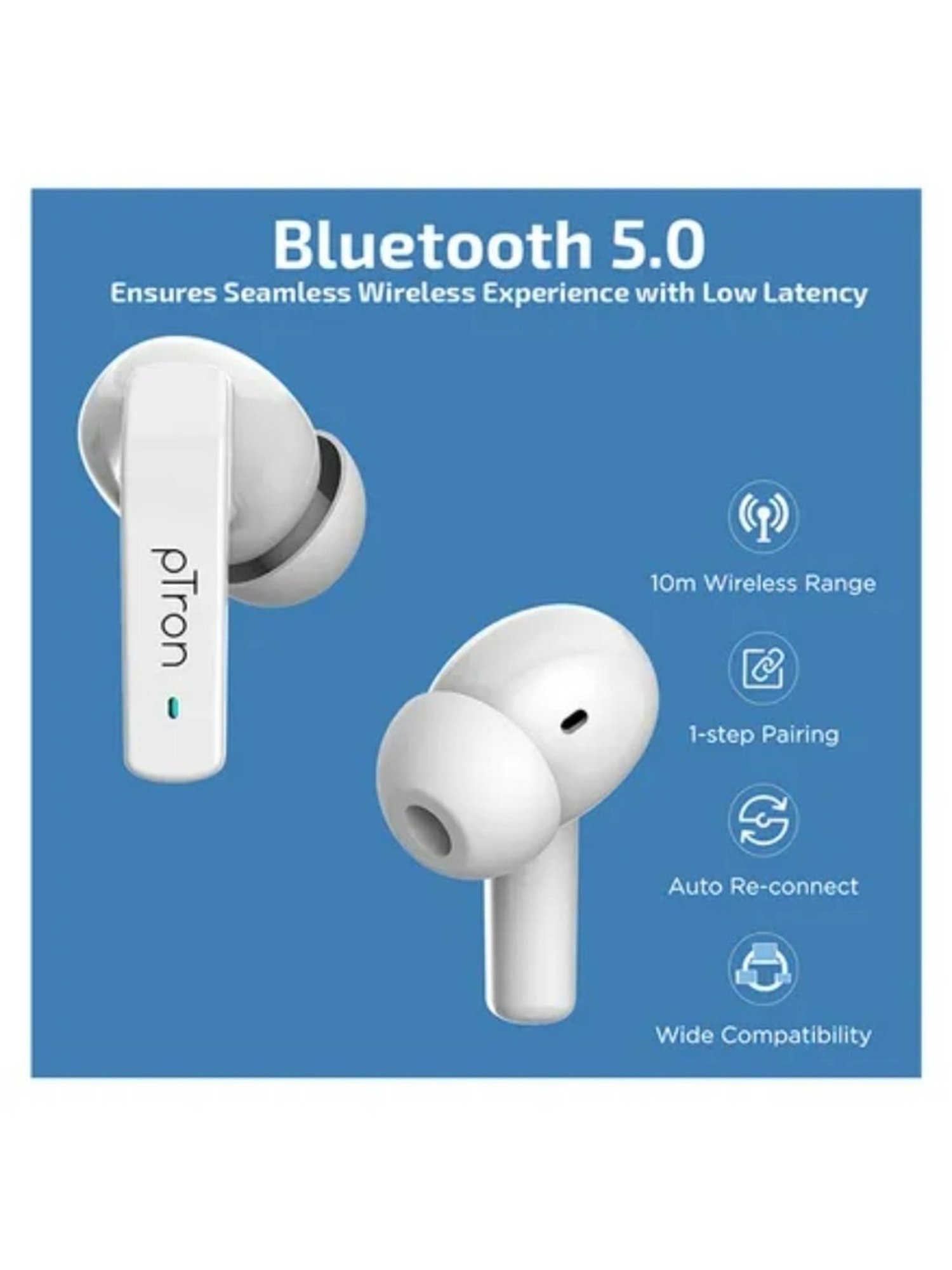 PTron Basspods 992 Active Noise Cancelling ANC Bluetooth 5.0 Wireless Earbuds (White)