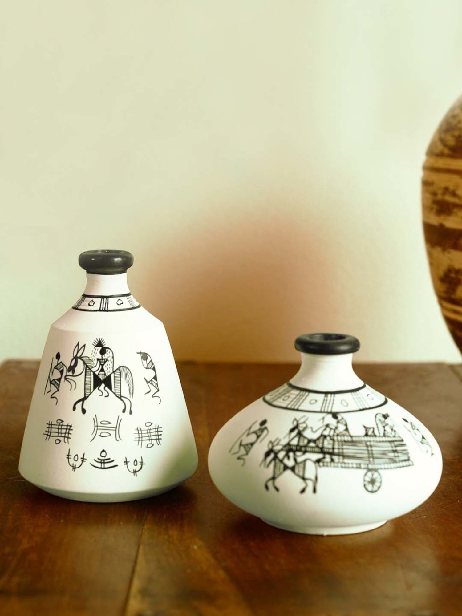 ExclusiveLane Terracotta Warli Handpainted Set Of 2 Pots Showpieces In White