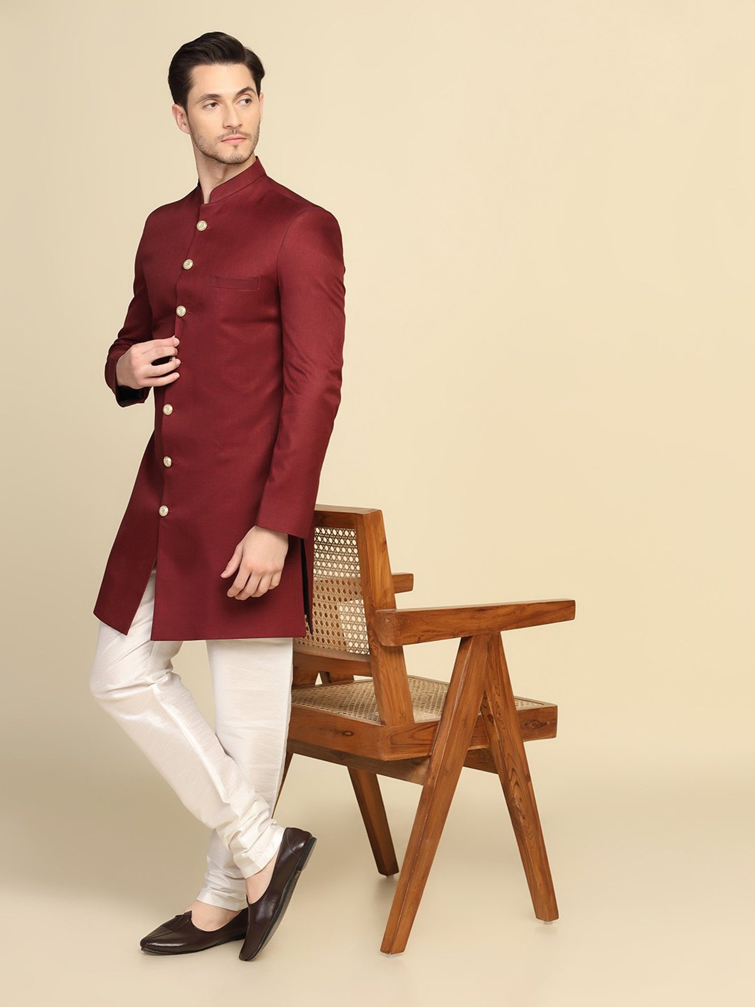 TAHVO Maroon Slim Fit Sherwani Jacket