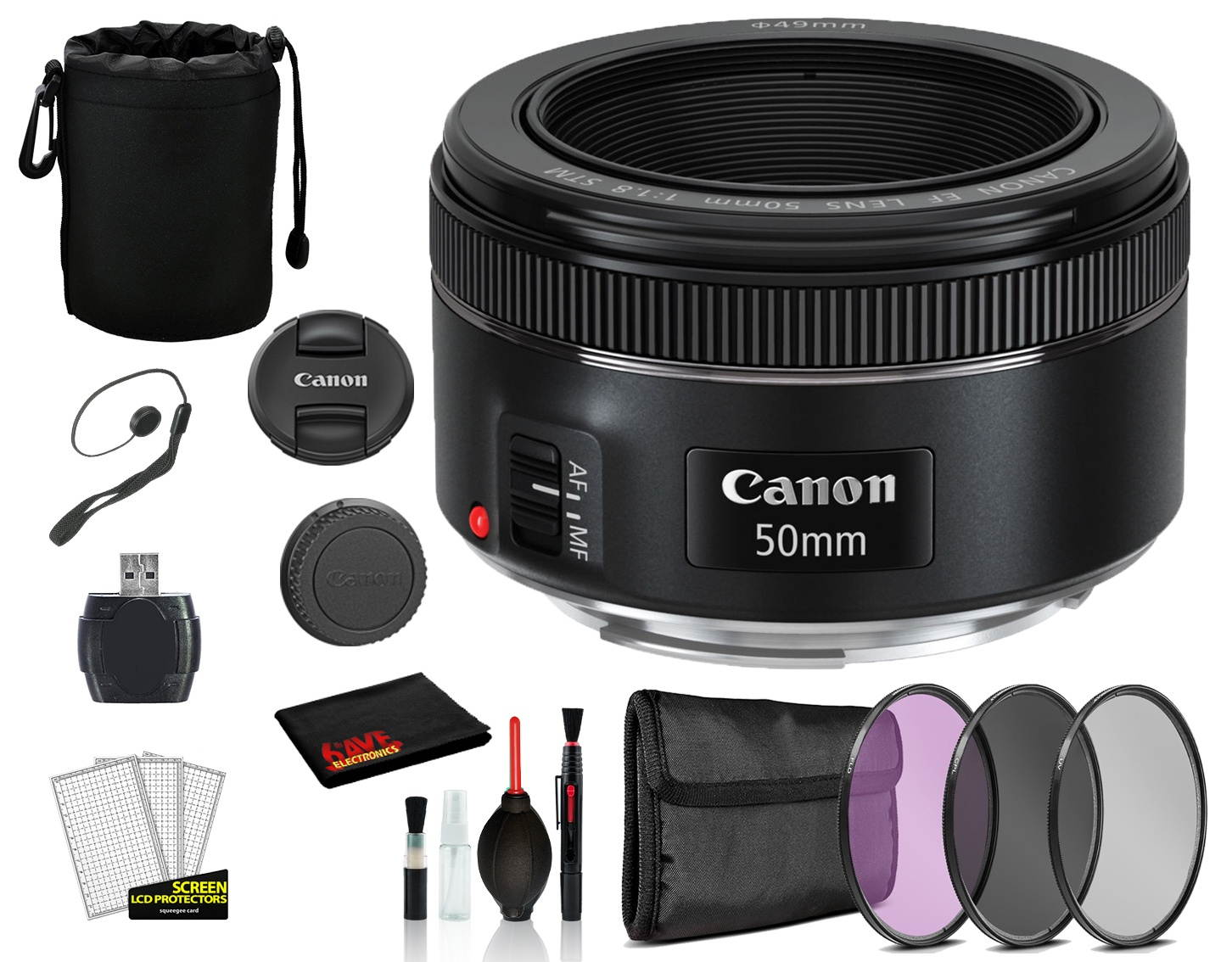 Canon EF 50mm f/1.8 STM Lens (0570C002) Lens with Bundle  includes 3pc Filter Kit  + Lens Pouch + More