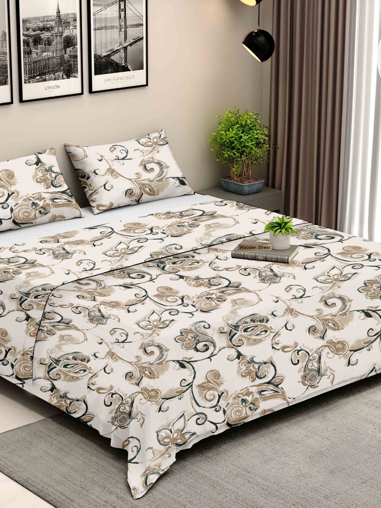 Ariana Rome Floral Beige 210 TC Cotton Super king Bedsheet with 2 Pillow Covers