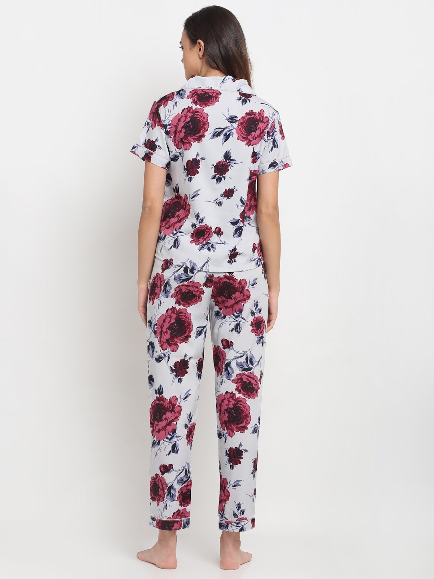 Erotissch Grey & Red Floral Print Shirt Pyjama Set